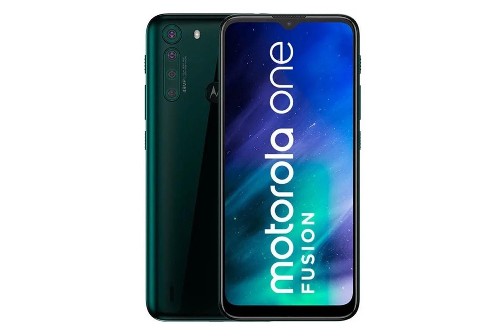 نمای جلو و پشت گوشی موتورولا وان فیوژن رنگ سبز / Motorola One Fusion