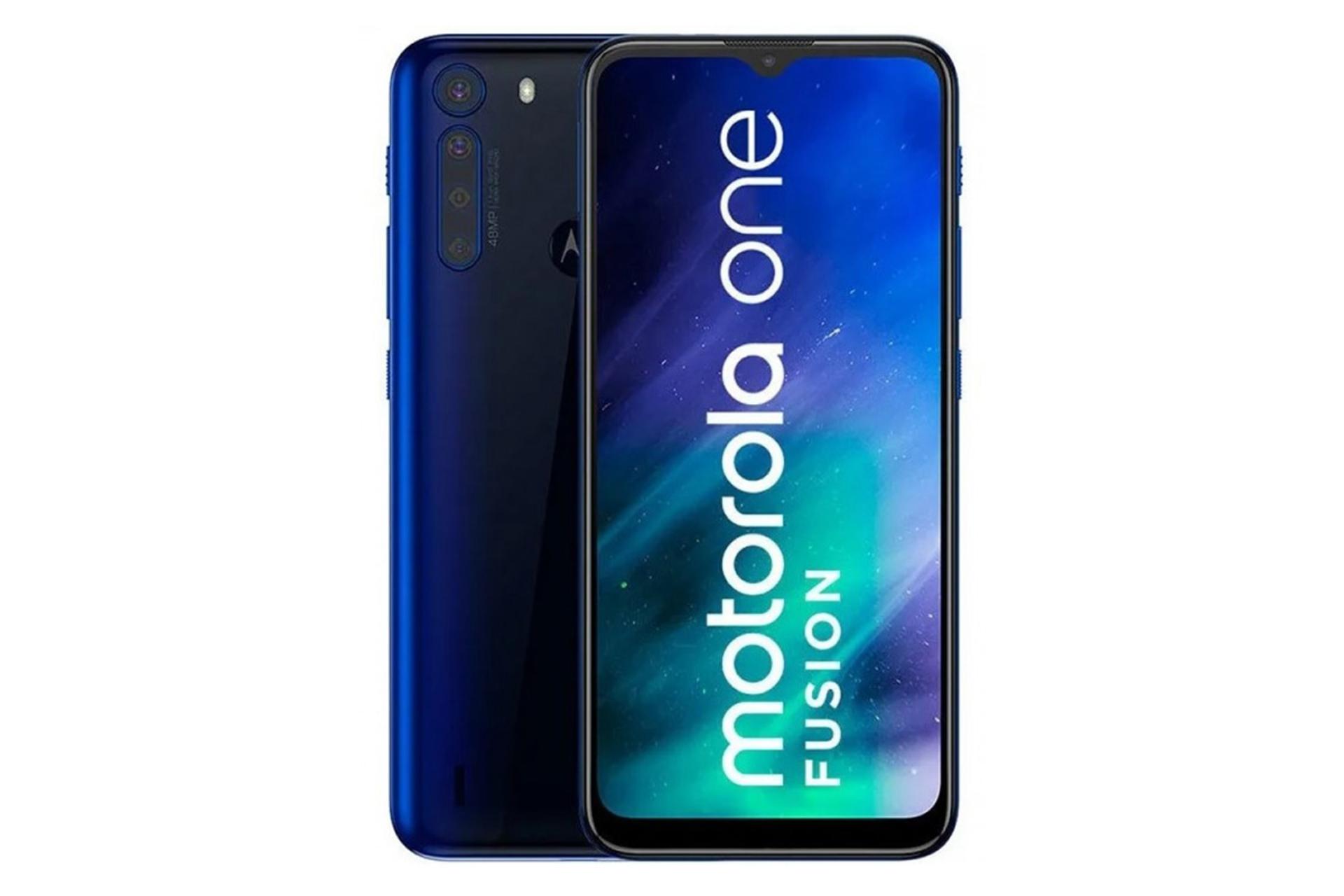 نمای جلو و پشت گوشی موتورولا وان فیوژن رنگ آبی  / Motorola One Fusion
