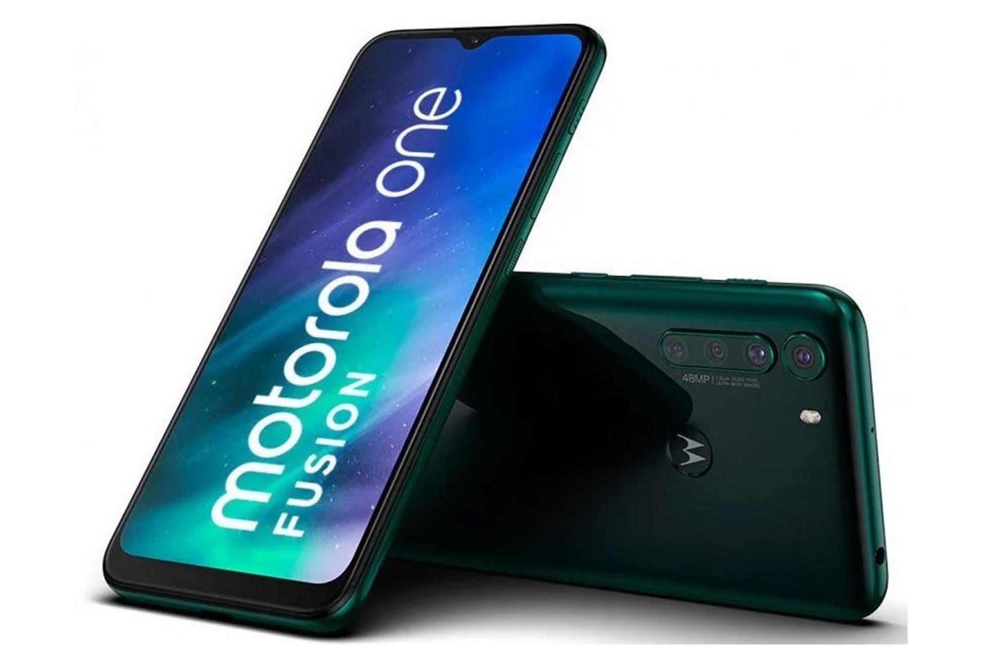 نمای جلو و پشت دو گوشی موتورولا وان فیوژن رنگ سبز در حالت عمودی و افقی