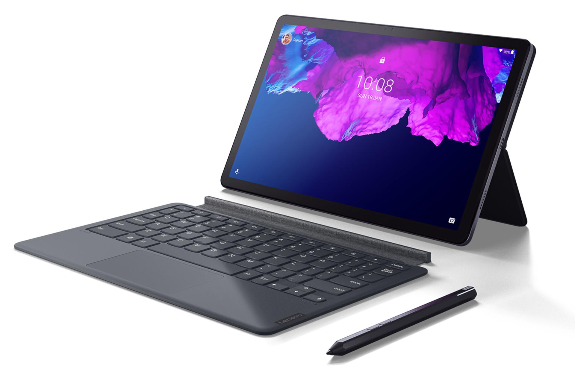 نمای جلو، قلم لمسی و کیبورد تبلت لنوو تب پی 11 رنگ خاکستری