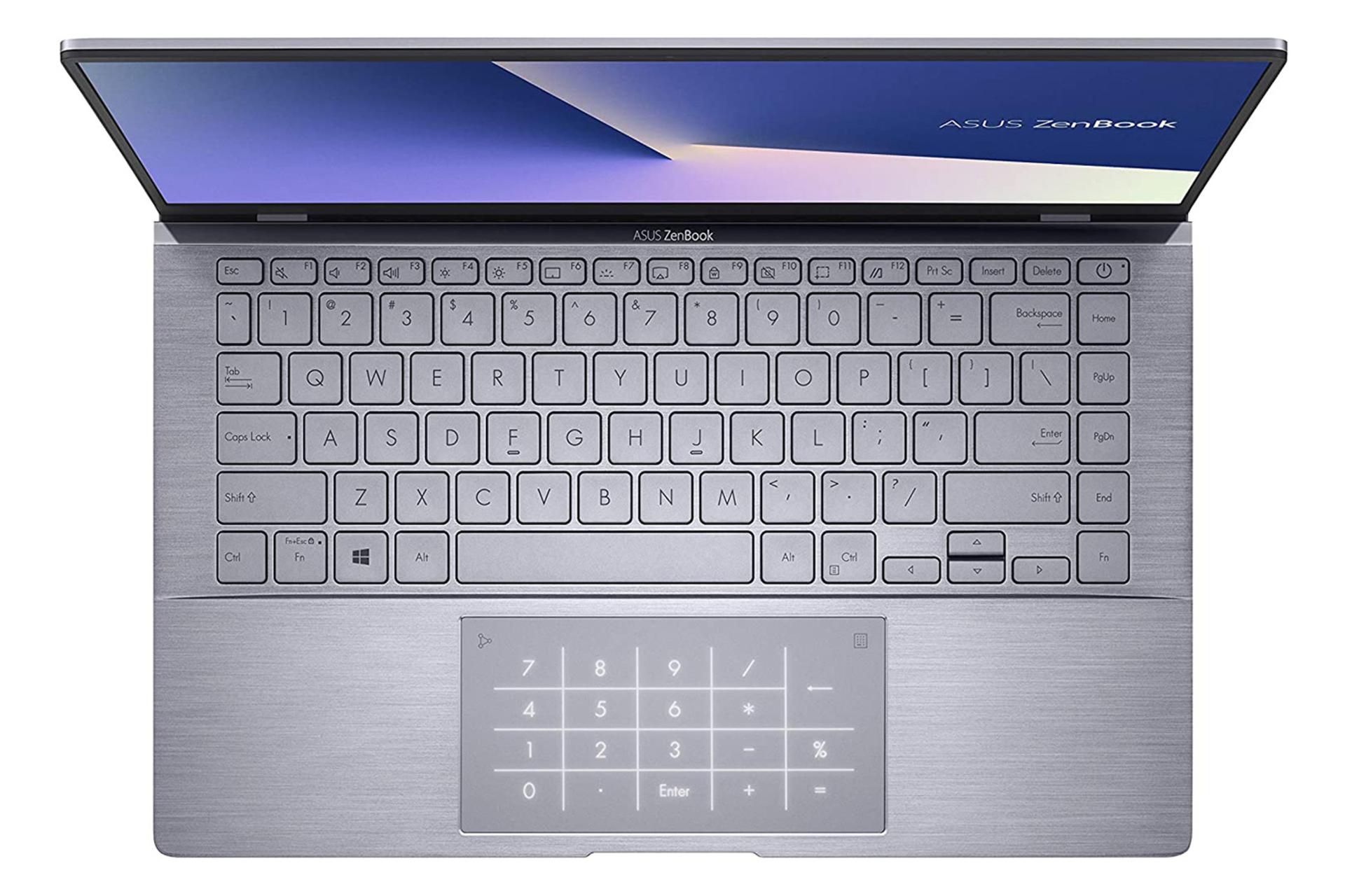 نمای بالا لپ تاپ ایسوس ذن بوک 14 UM433IQ و نمایش کیبورد و تاچ پد