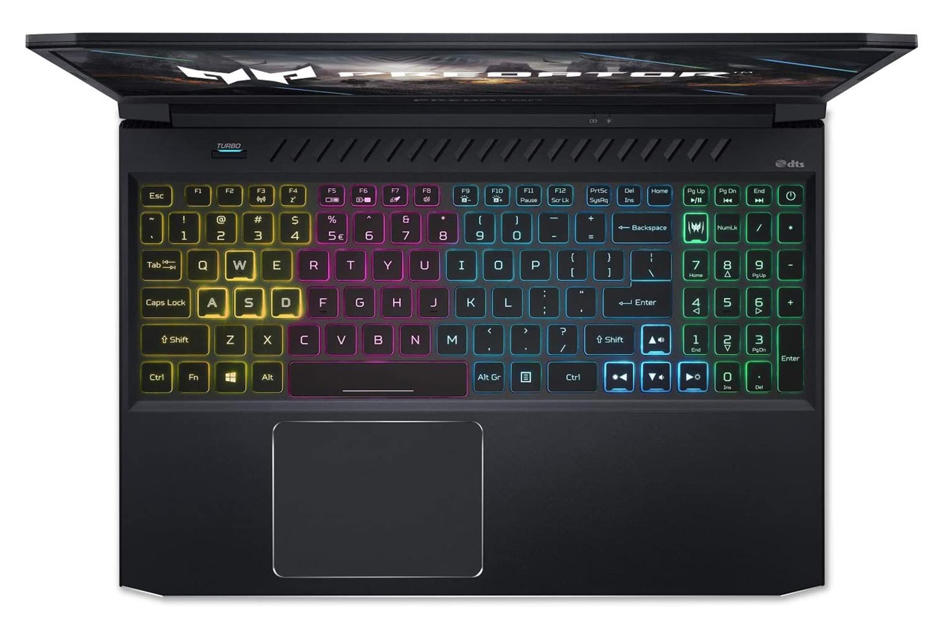 نمای بالا لپ تاپ ایسر پریدیتور هلیوس 300 و نمایش کیبورد و تاچ پد