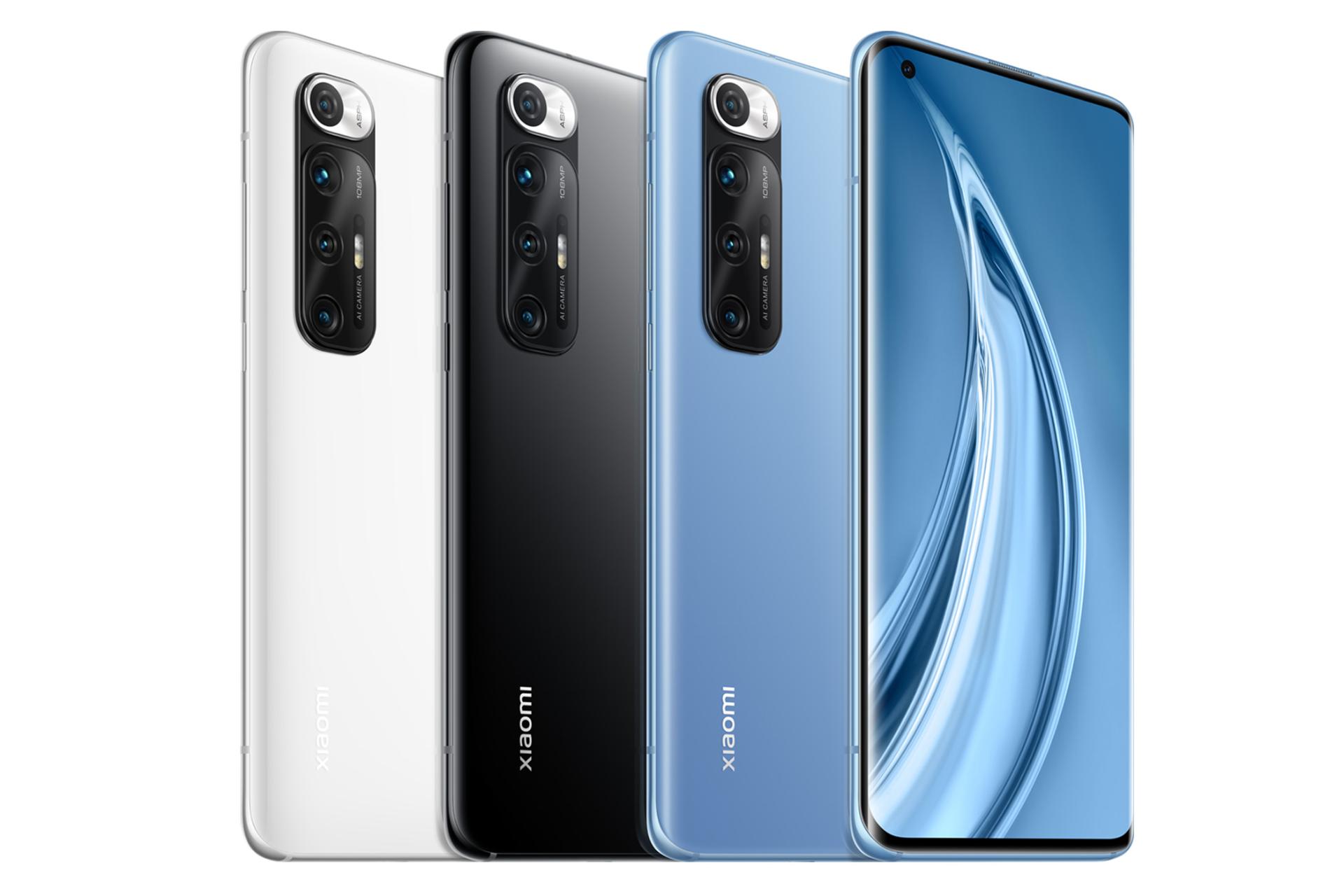 نمای جلو و پشت موبایل می 10 اس شیائومی رنگ مشکی، آبی و سفید