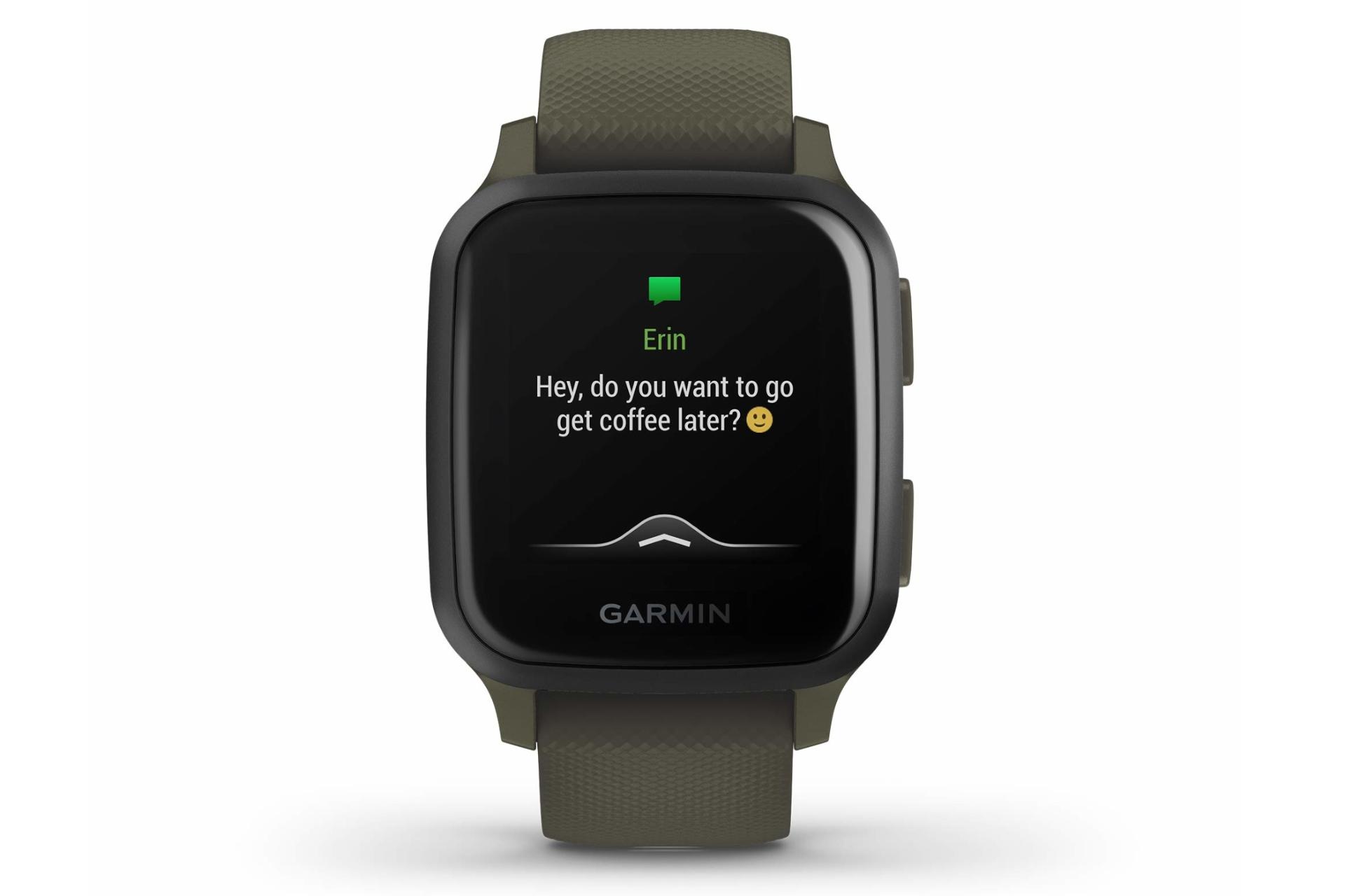 نمای روبرو اسمارت واچ ونو اس کیو گارمین نسخه موزیک Garmin Venu Sq Music Edition مشکی بند سبز