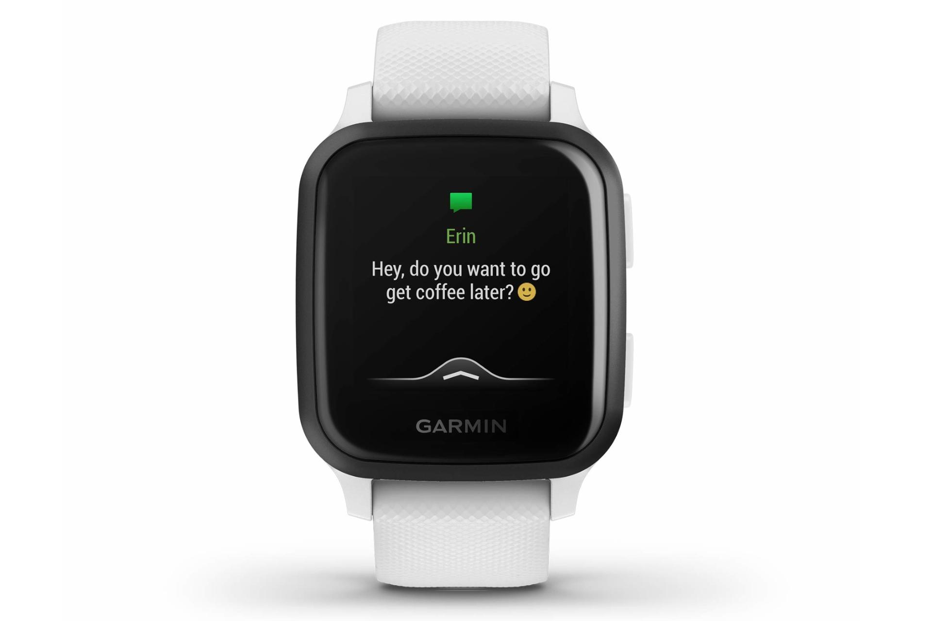 نمای روبرو اسمارت واچ ونو اس کیو گارمین نسخه موزیک Garmin Venu Sq Music Edition مشکی بند سفید