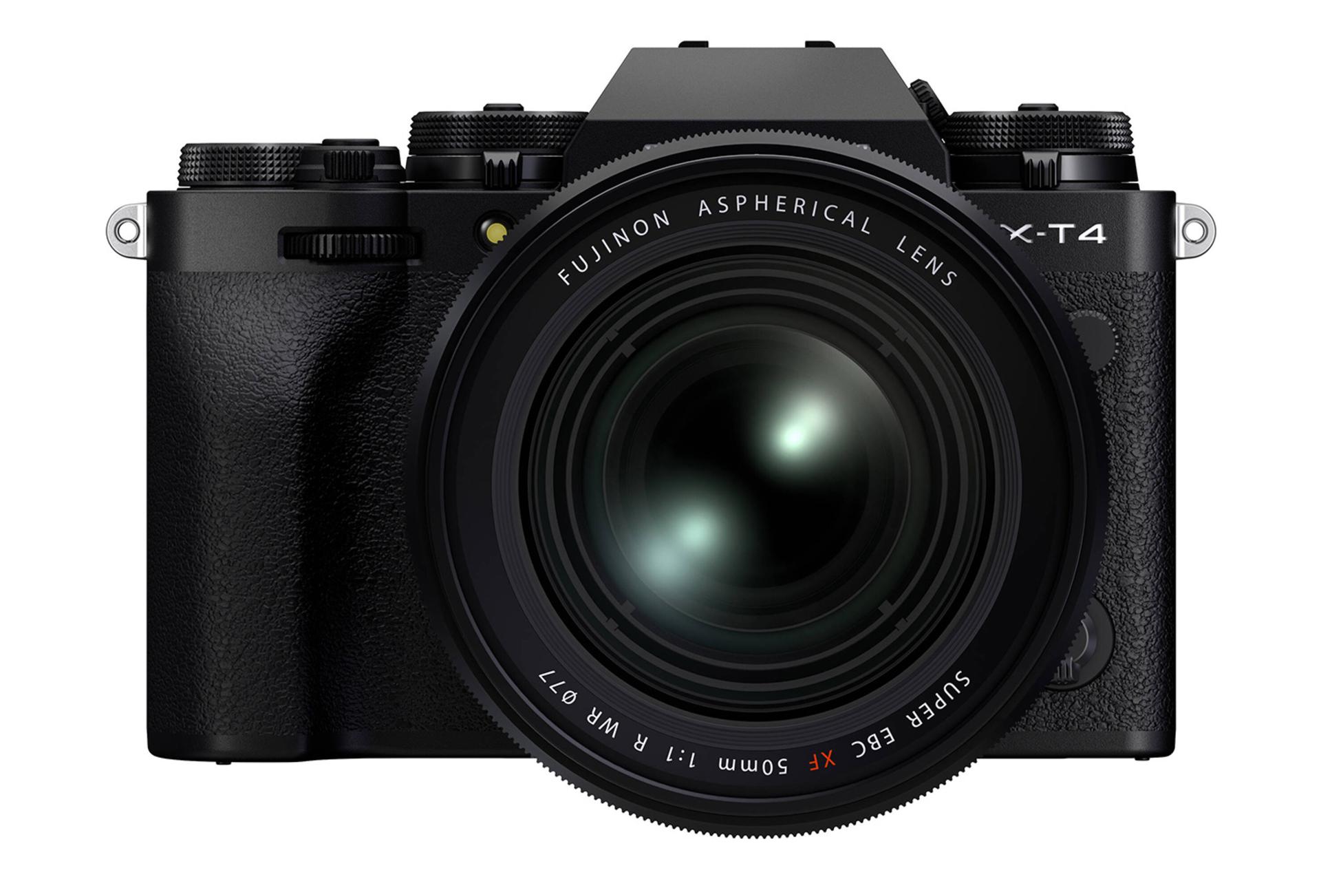 نمای جلو لنز فوجی فیلم XF 50mm f1.0 در حالت متصل به دوربین