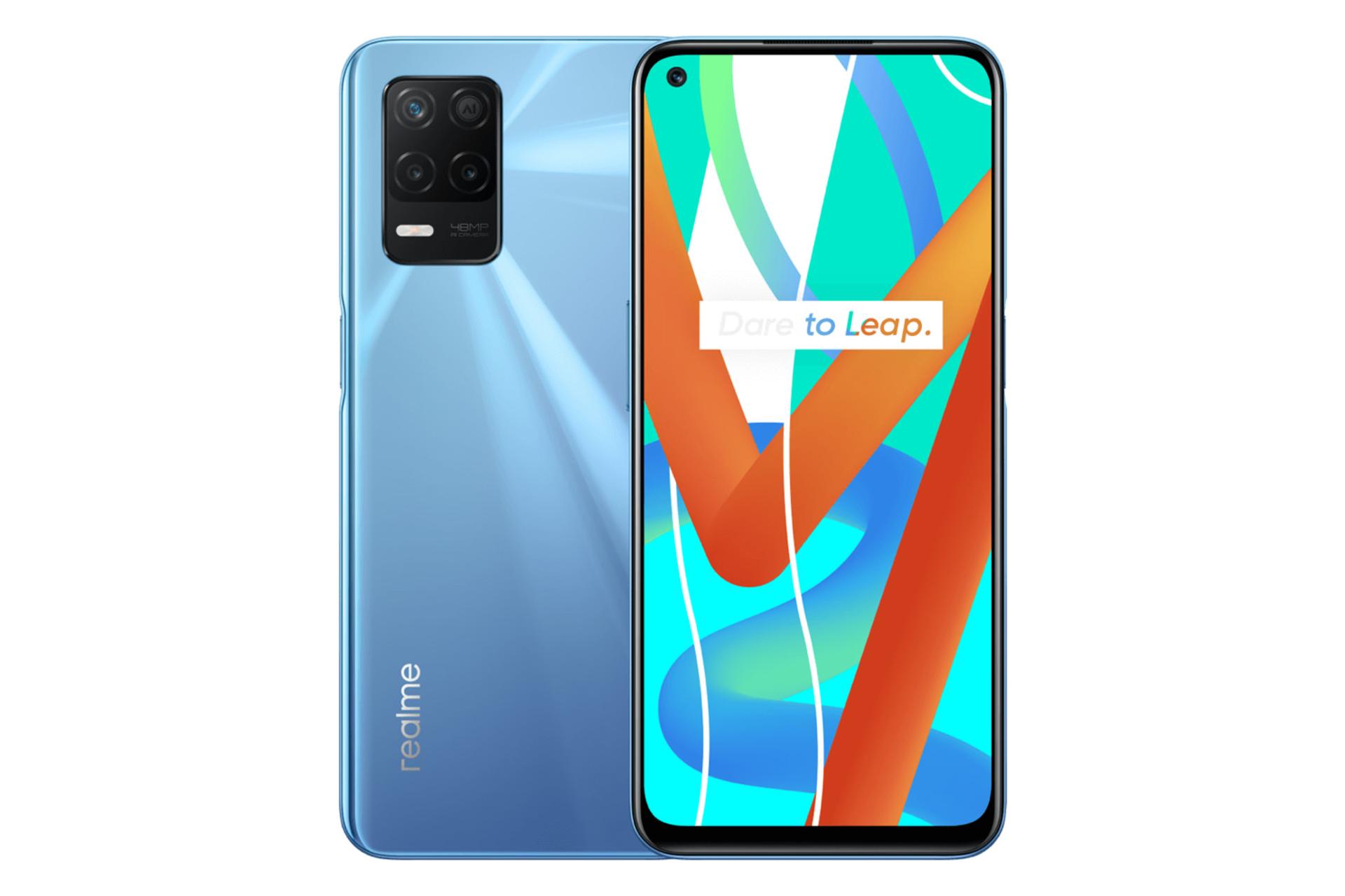 نمای پشت و جلو موبایل وی 13 5 جی ریلمی رنگ آبی