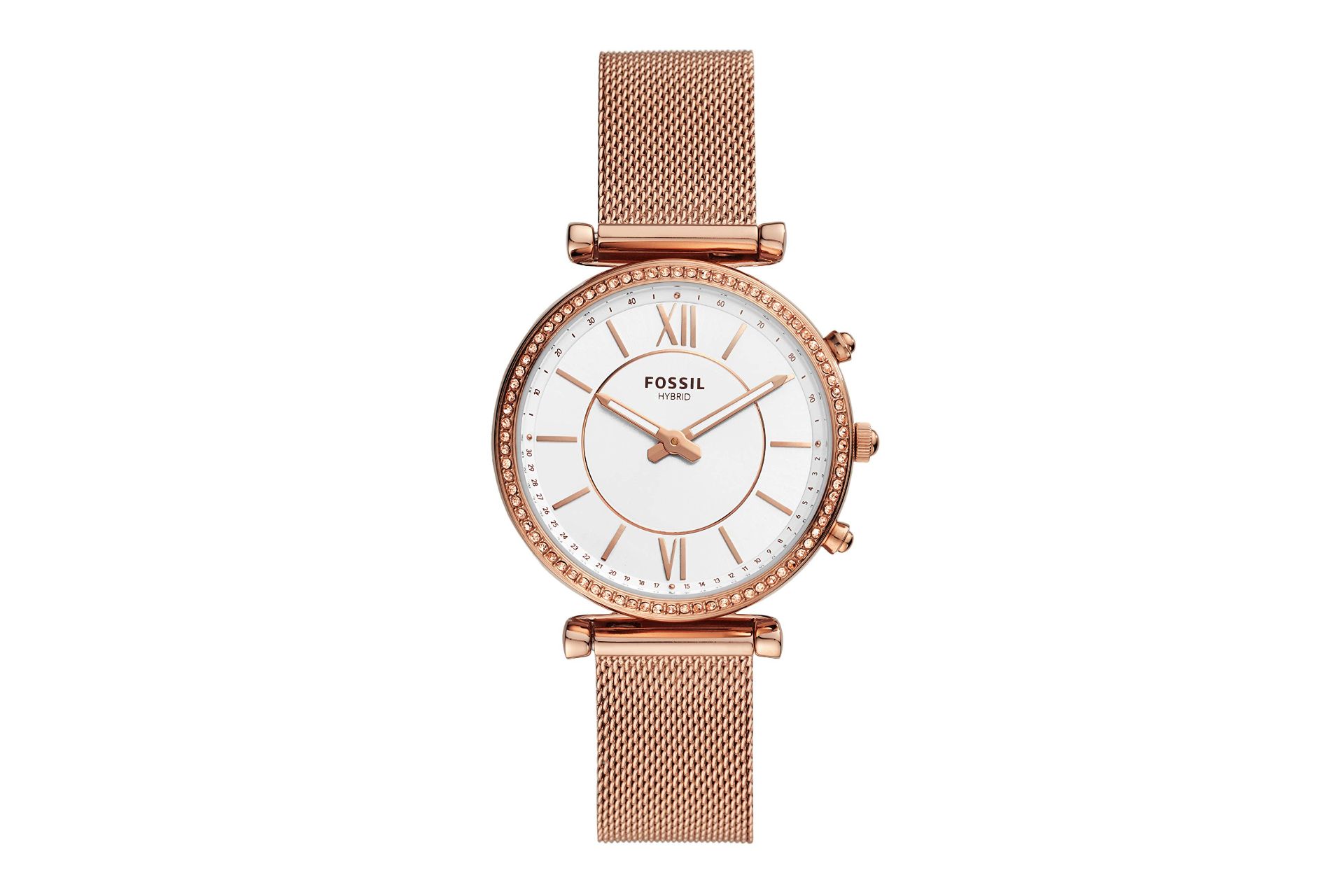 نمای روبروی اسمارت واچ فسیل هیبرید نسخه Carlie رزگلد