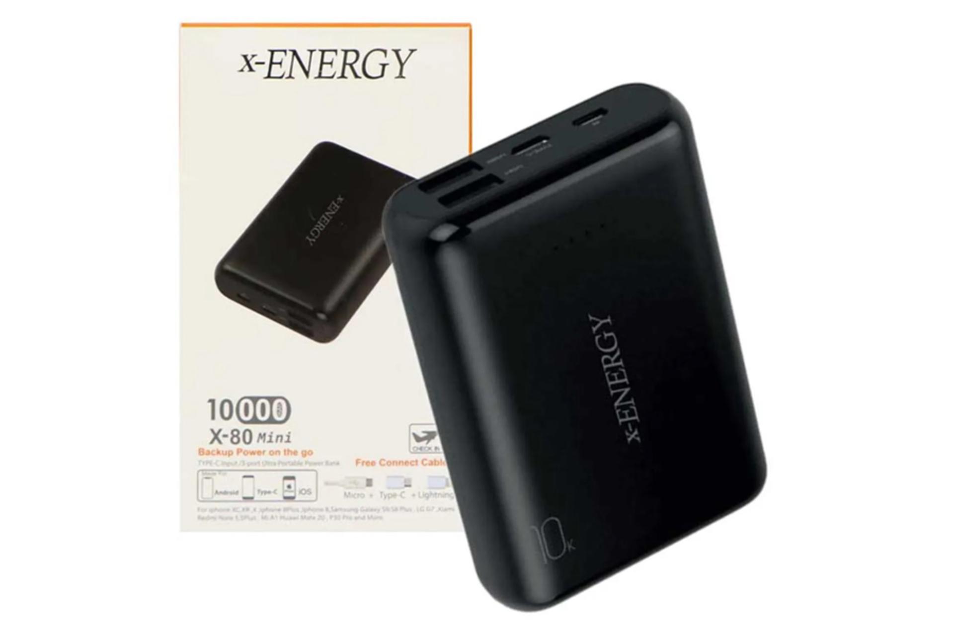 نمای روبرو و جعبه پاوربانک ایکس انرژی X-80 Mini