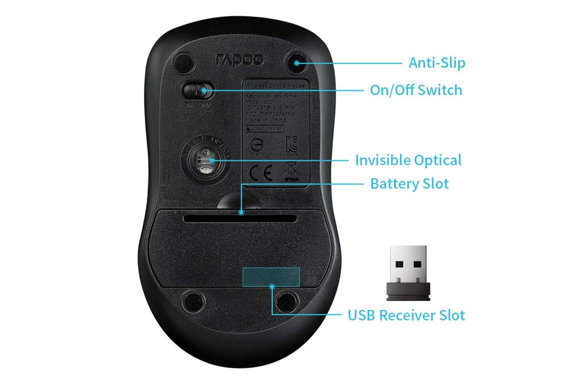 نمای پشت ماوس بی سیم RAPOO 1680