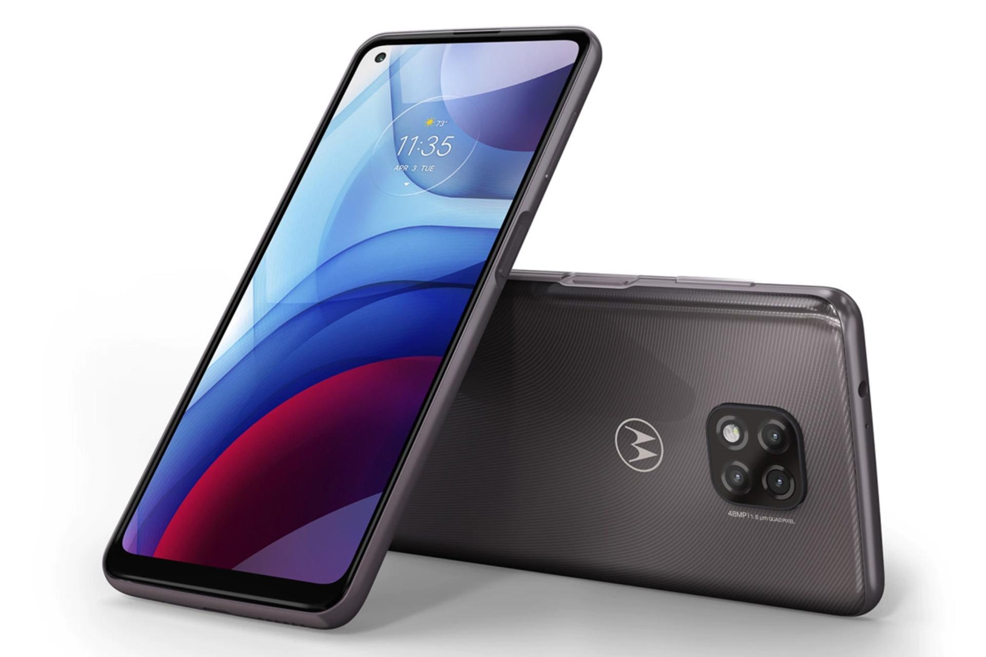 نمای زاویه دار پشت و جلو موتو جی پاور موتورولا مدل 2021 رنگ خاکستری