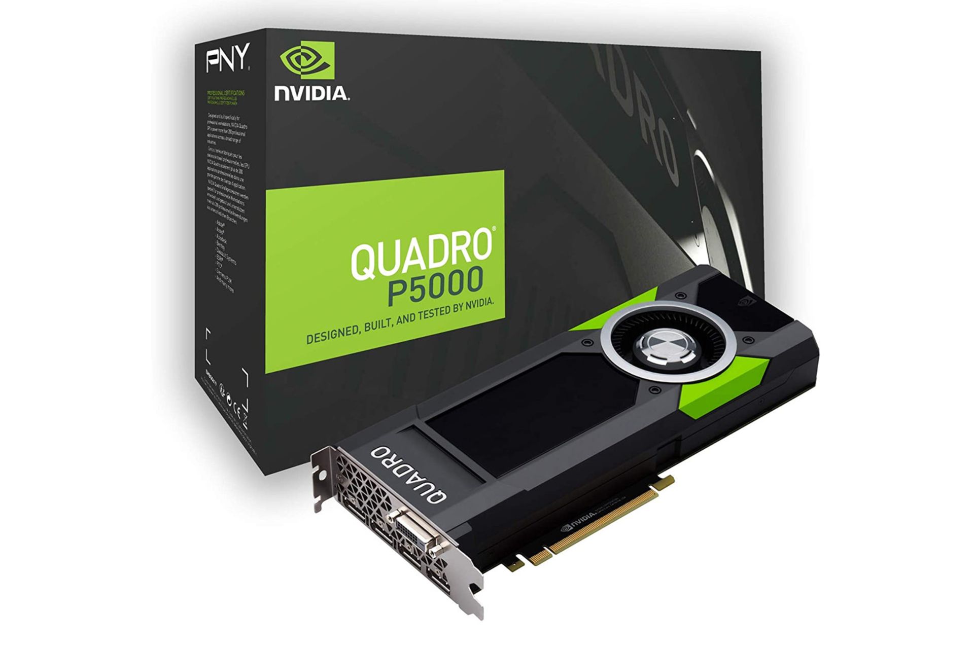 نمای جلو و جعبه کارت گرافیک انویدیا Quadro P5000