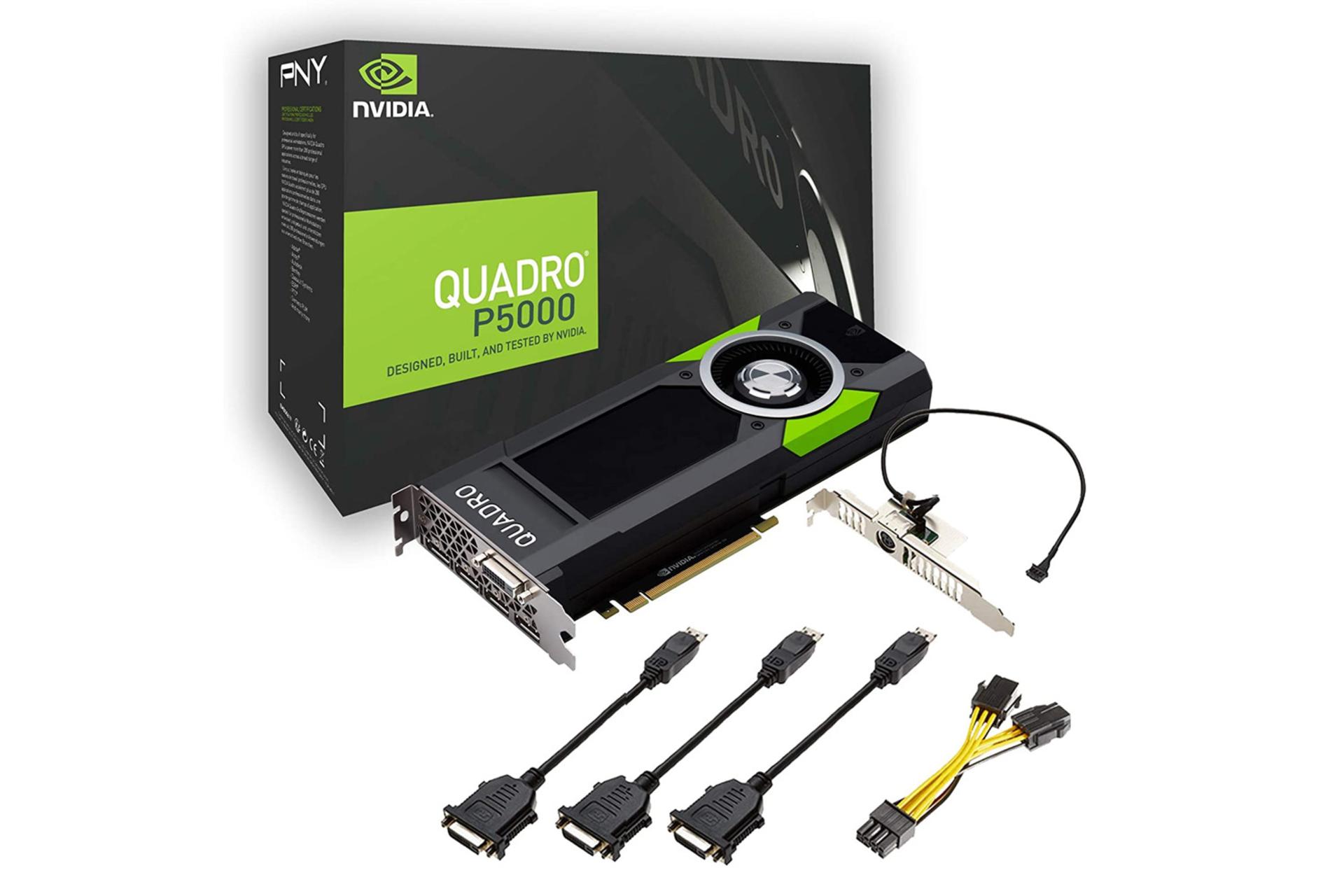 نمای جلو، جعبه و کابل های کارت گرافیک انویدیا Quadro P5000