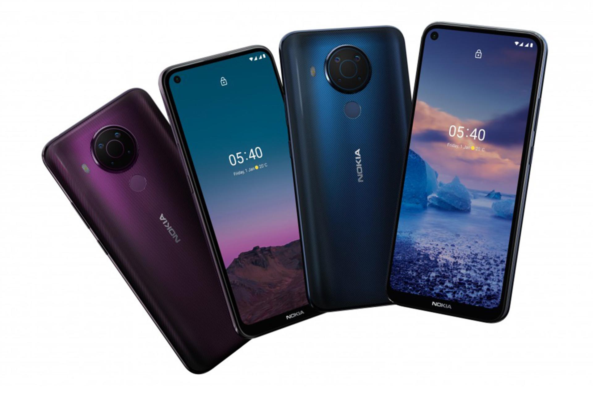 نمای پشت و جلوی گوشی نوکیا 5.4 در رنگ های سبز و بنفش