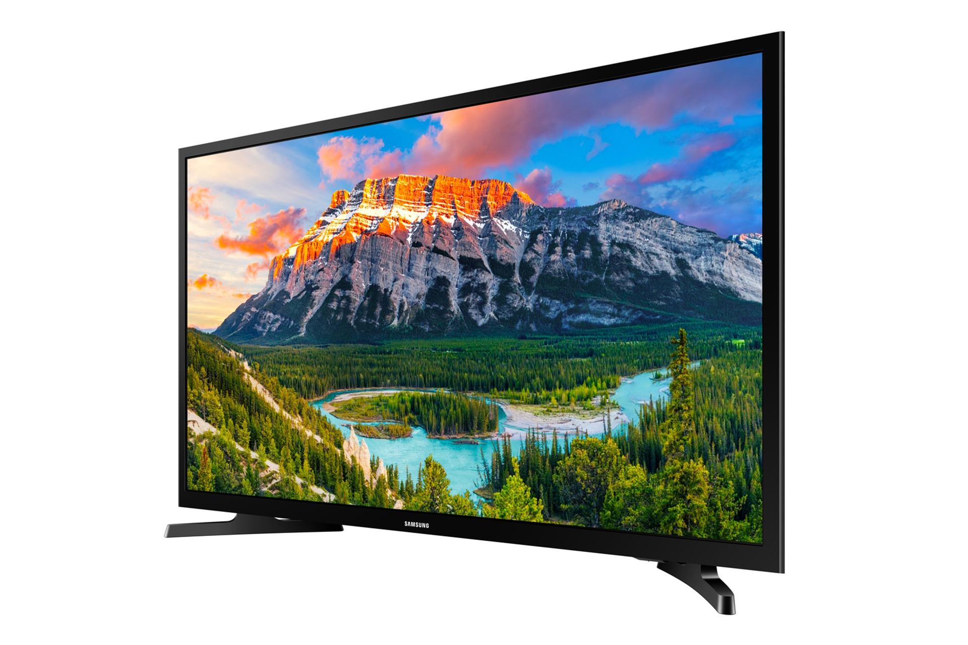 نمای نیم رخ تلویزیون سامسونگ N5000 مدل 32 اینچ با دو پایه تخت