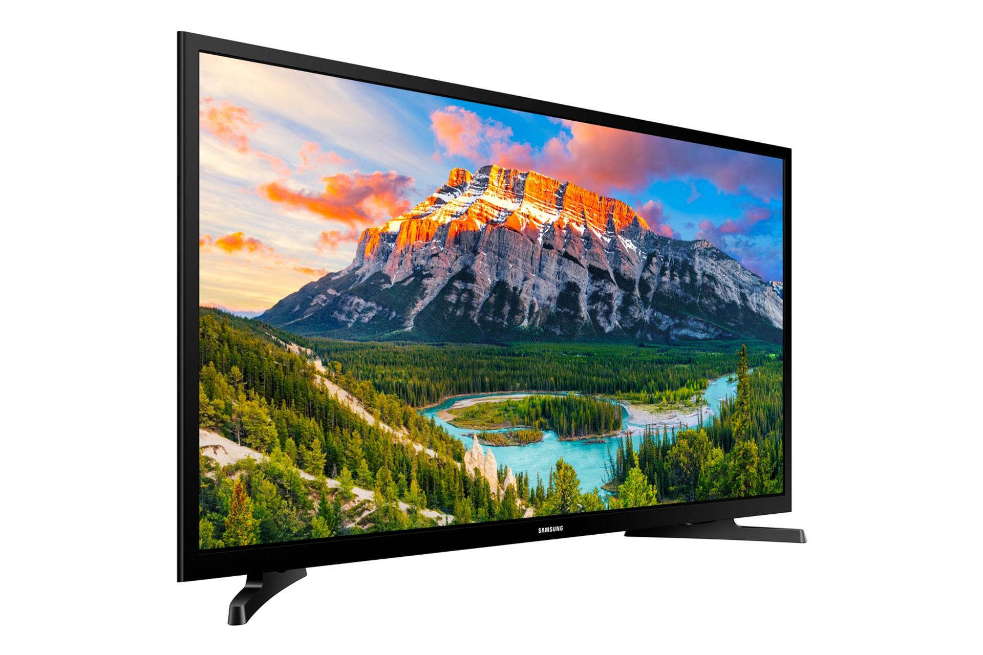 نمای نیم رخ تلویزیون سامسونگ N5000 مدل 32 اینچ با صفحه روشن و دو پایه تخت