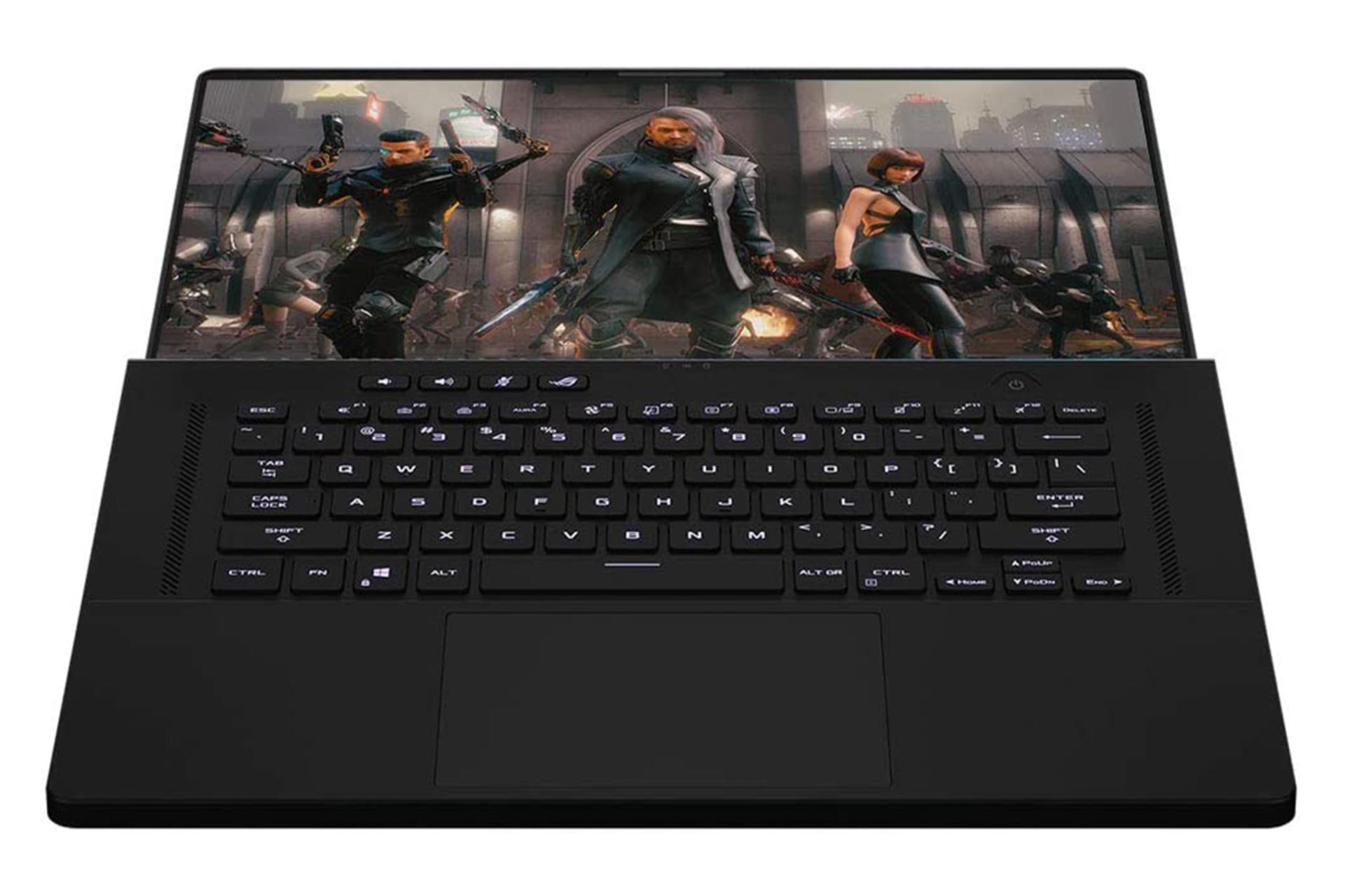 نمای جلو لپ تاپ ایسوس ROG Zephyrus GU603HR و نمایش کیبورد