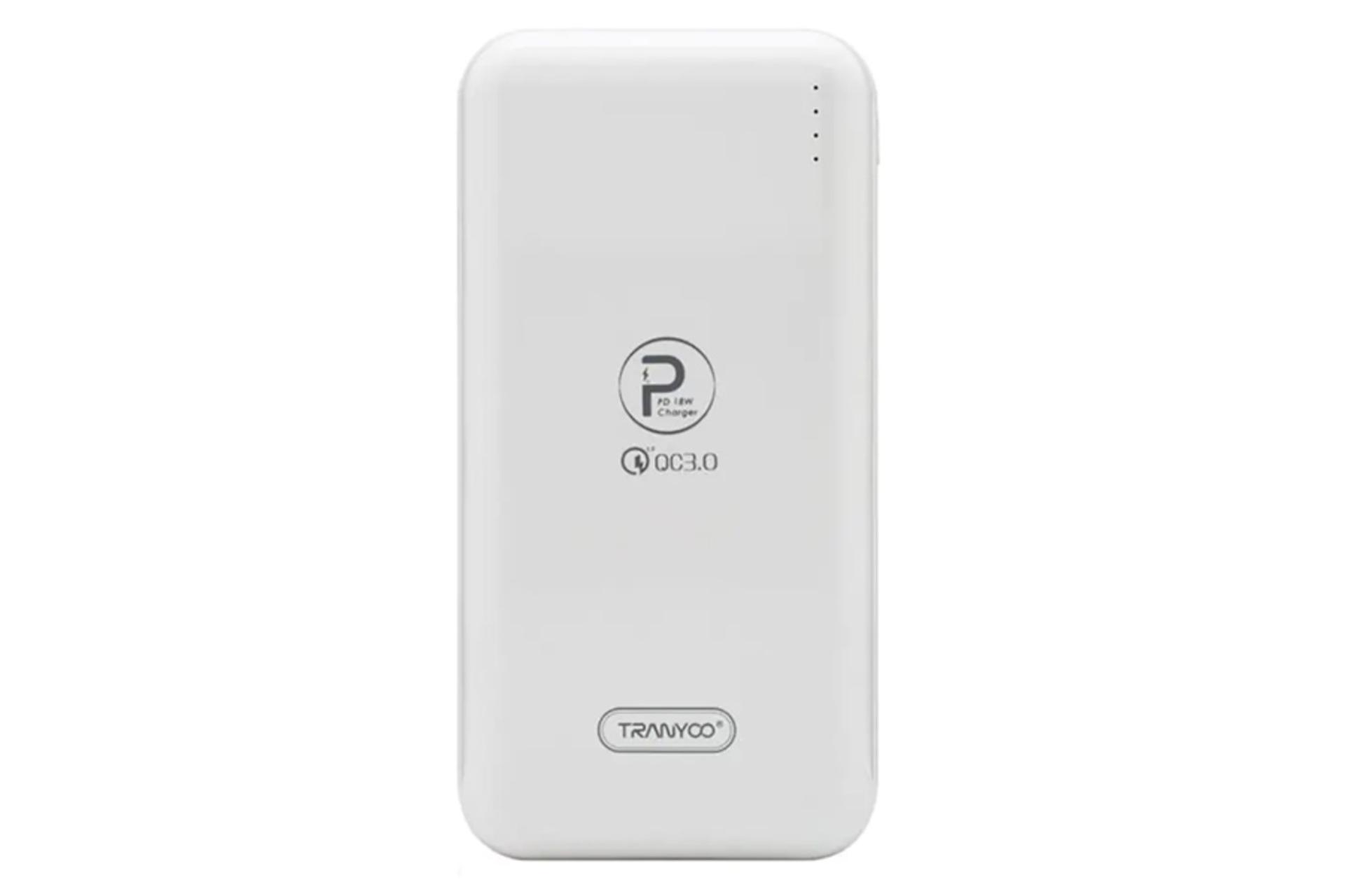نمای روبرو پاور بانک ترانیو F1 Plus سفید