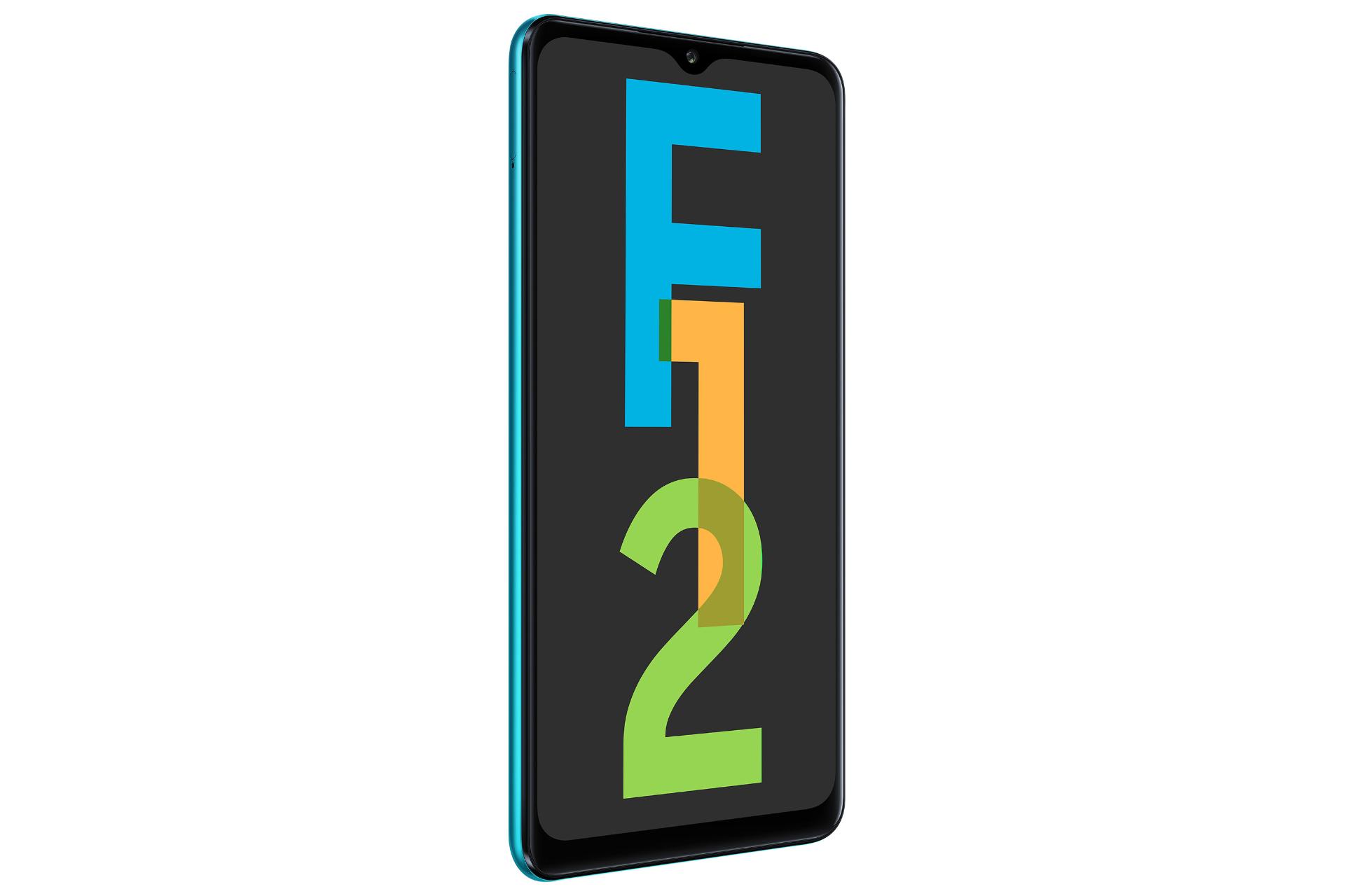 نمای جلو زاویه دار موبایل گلکسی اف 12 سامسونگ رنگ آبی