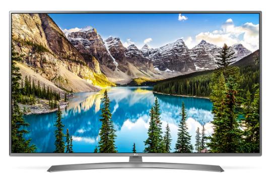 نمای جلو تلویزیون ال جی 65UJ6900 با صفحه روشن
