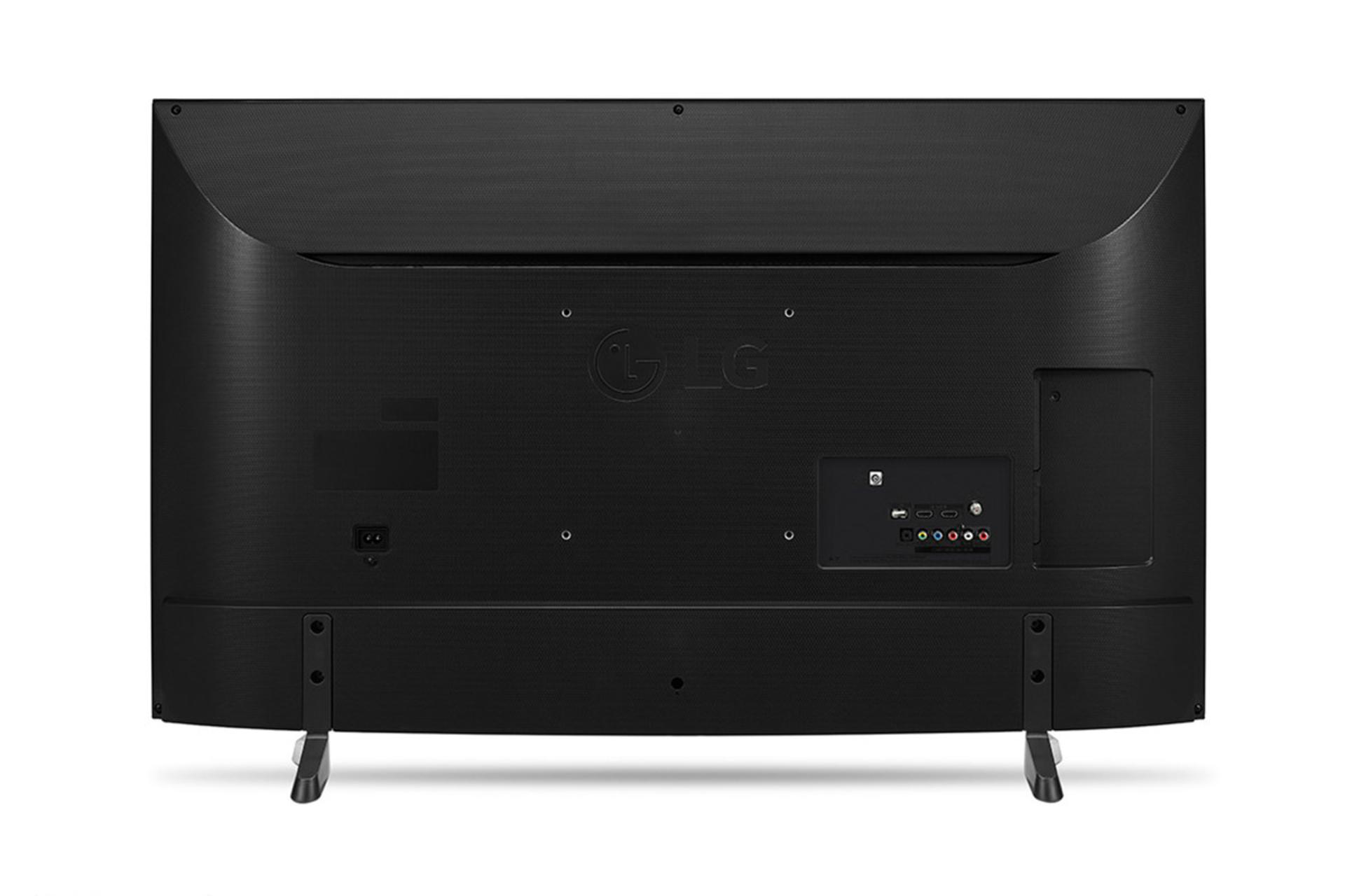 نمای پشت تلویزیون ال جی LJ52100 مدل 43 اینچ و نمایش محل پورت ها و پیچ ها، طراحی مشکی رنگ