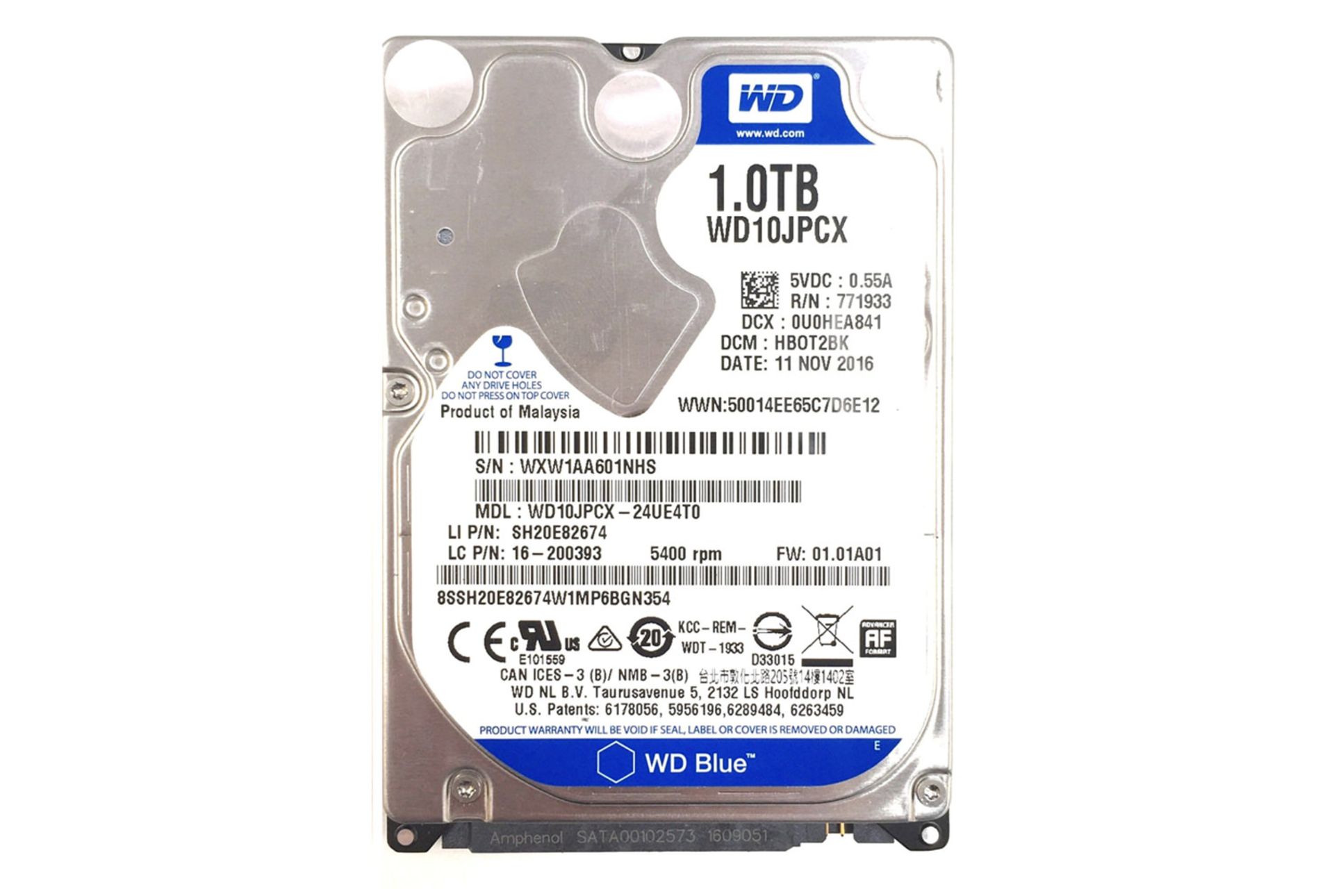 نمای جلو هارد دیسک وسترن دیجیتال Blue WD10JPCX ظرفیت 1 ترابایت