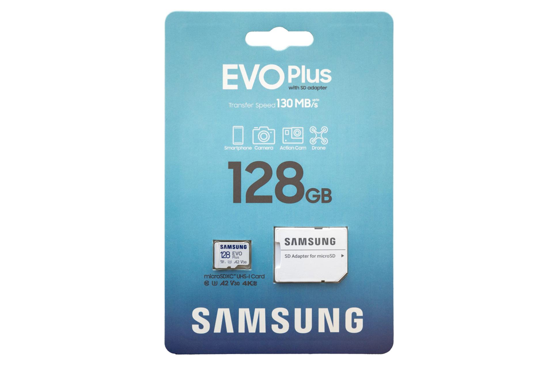 جعبه کارت حافظه سامسونگ microSDXC با ظرفیت 128 گیگابایت مدل Evo Plus 2021 کلاس 10