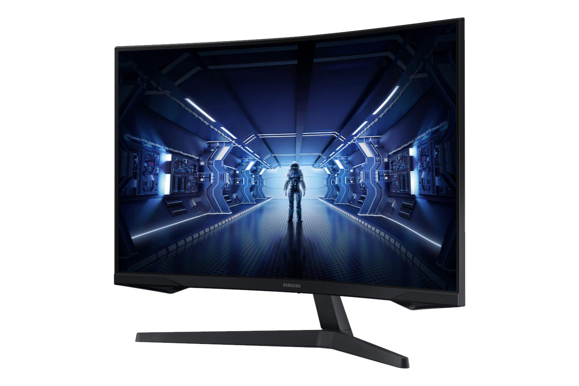 نمای جلو زاویه دار مانیتور ادیسه جی 5 32 اینچی سامسونگ مدل C32G57T رنگ مشکی