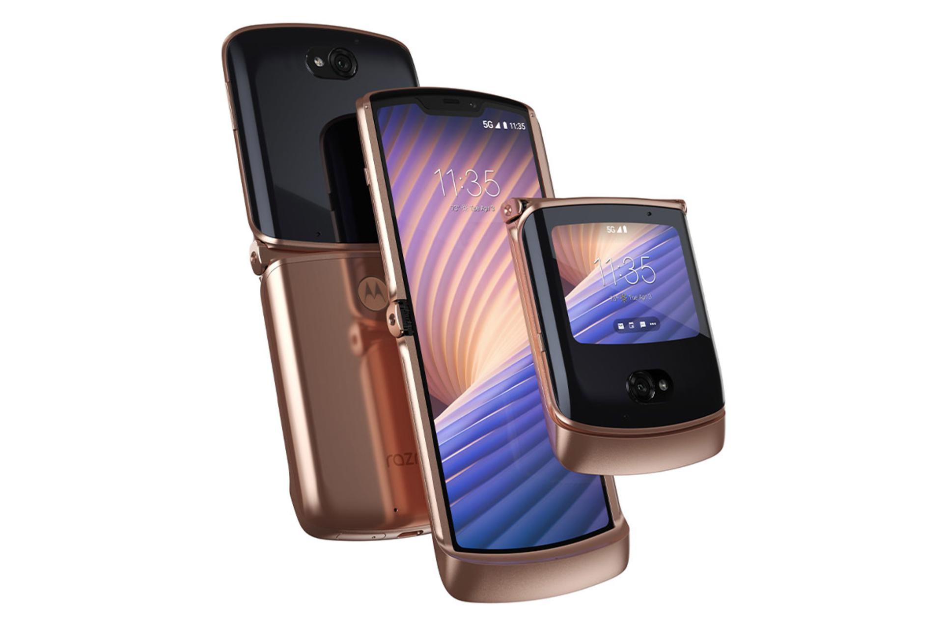 گوشی ریزر موتورولا نمای جلو - و پشت و حالت بسته/ Motorola Razr 5G