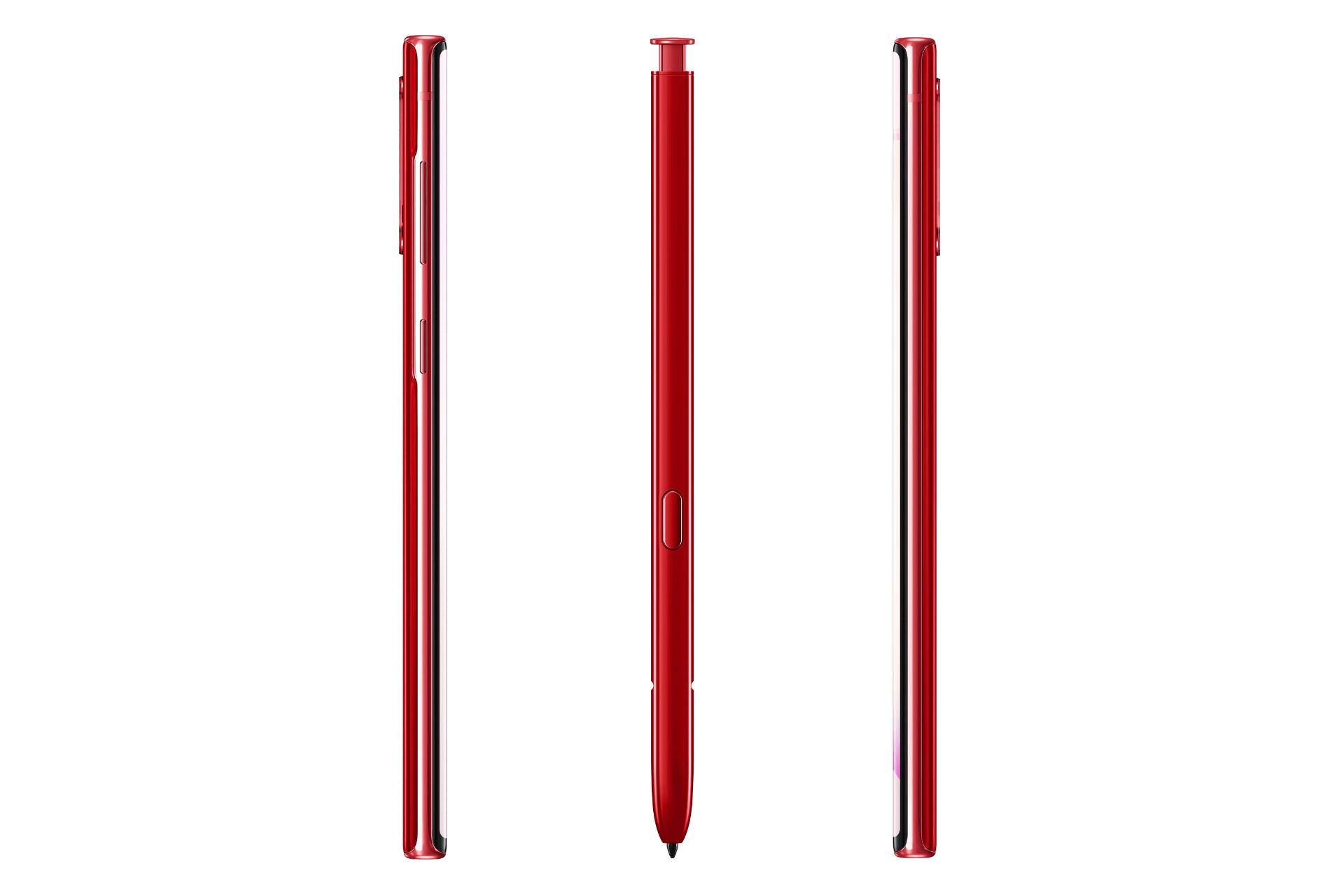 نمای کناری و قلم موبایل گلکسی نوت 10 سامسونگ رنگ قرمز
