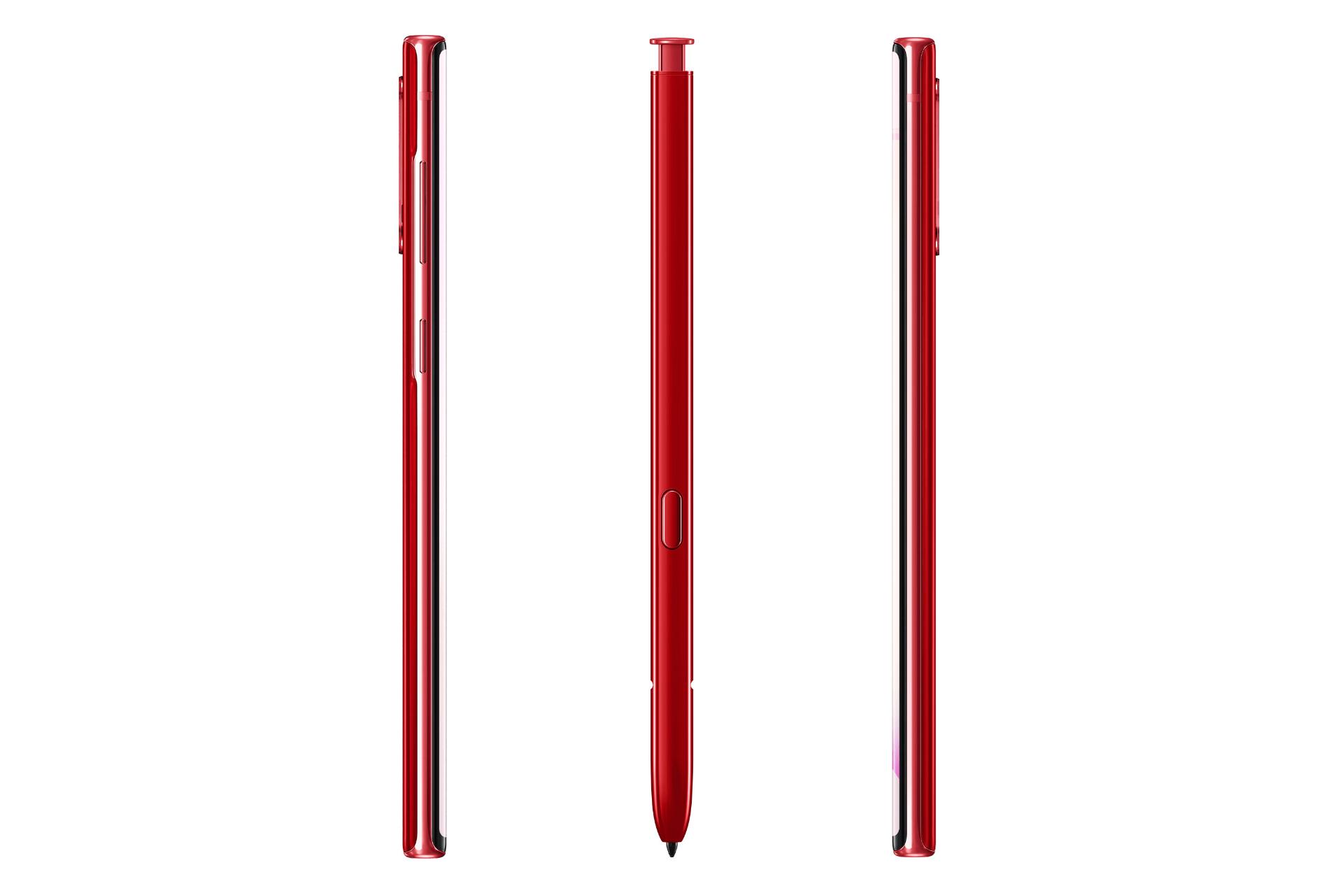 نمای کناری و قلم موبایل گلکسی نوت 10 سامسونگ رنگ قرمز