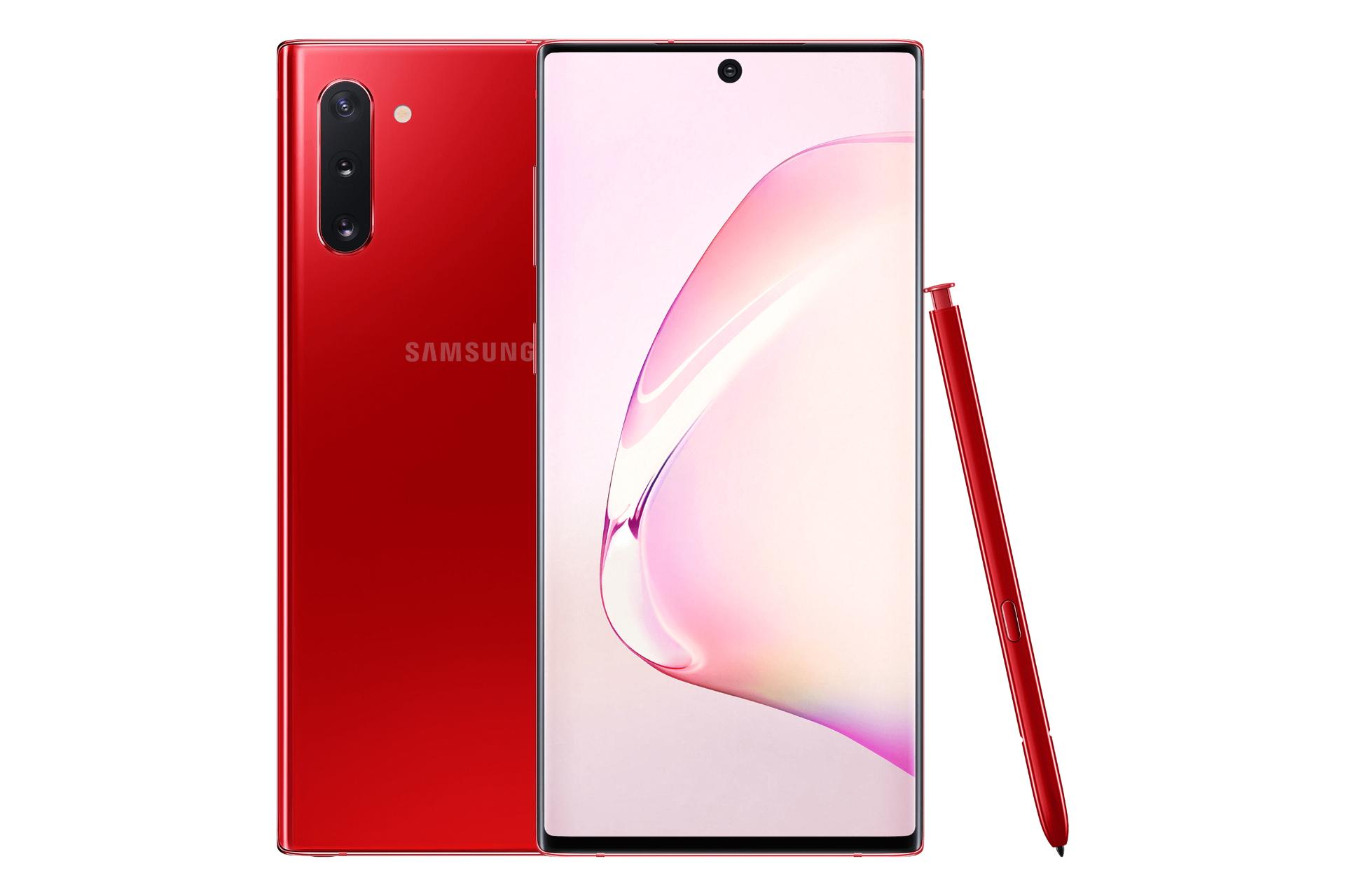 نمای پشت و جلو موبایل گلکسی نوت 10 سامسونگ رنگ قرمز