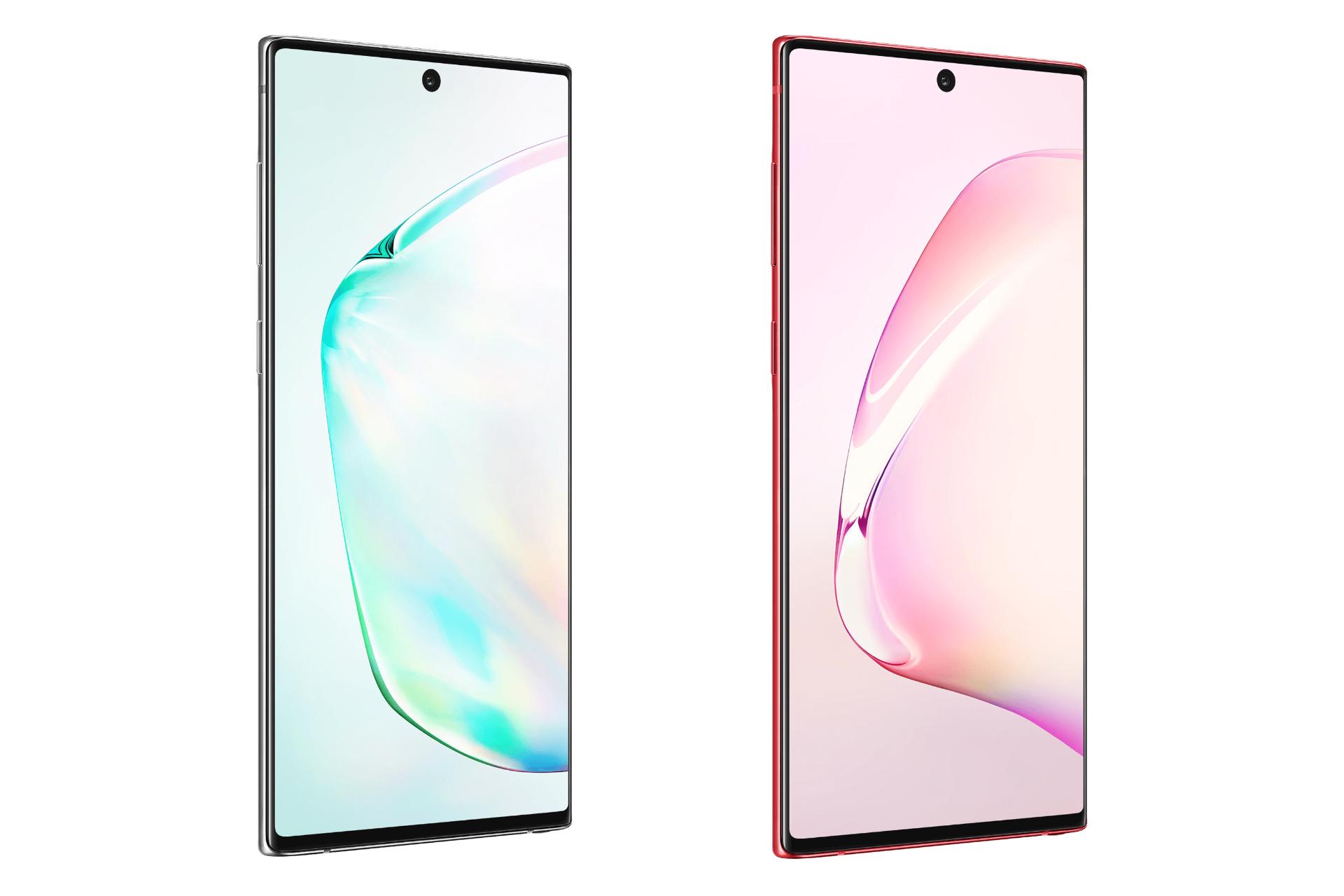 نمای جلو زاویه دار موبایل گلکسی نوت 10 سامسونگ رنگ قرمز و آبی