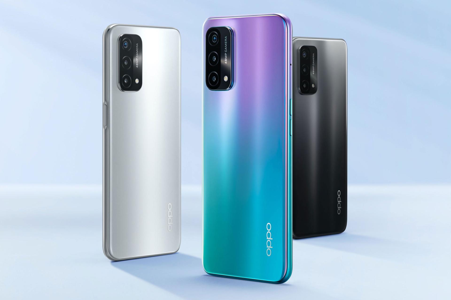 نمای پشت ای 93 اوپو 5 جی رنگ سفید، مشکی و Aurora