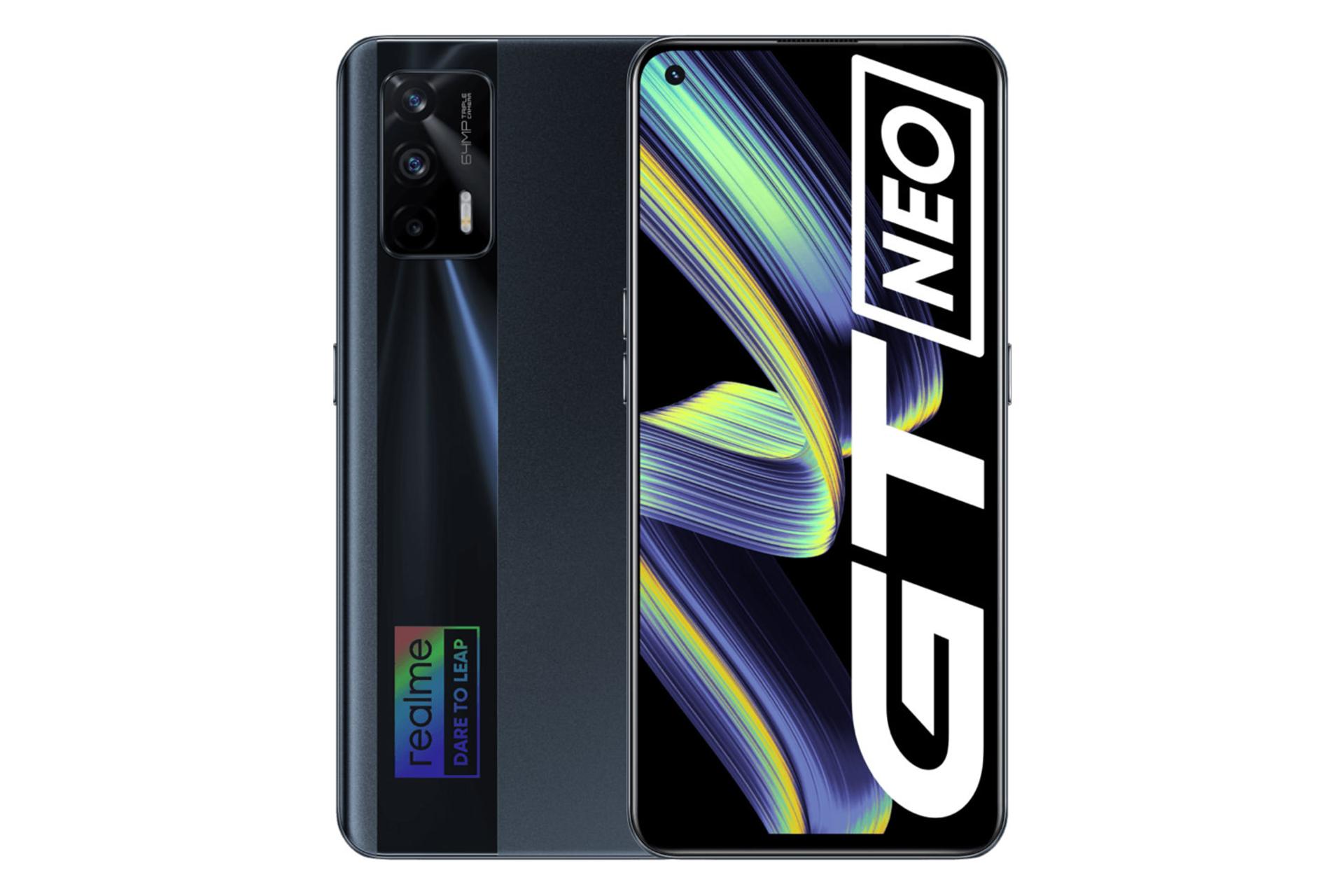 نمای جلو و پشت موبایل جی تی نئو ریلمی رنگ مشکی