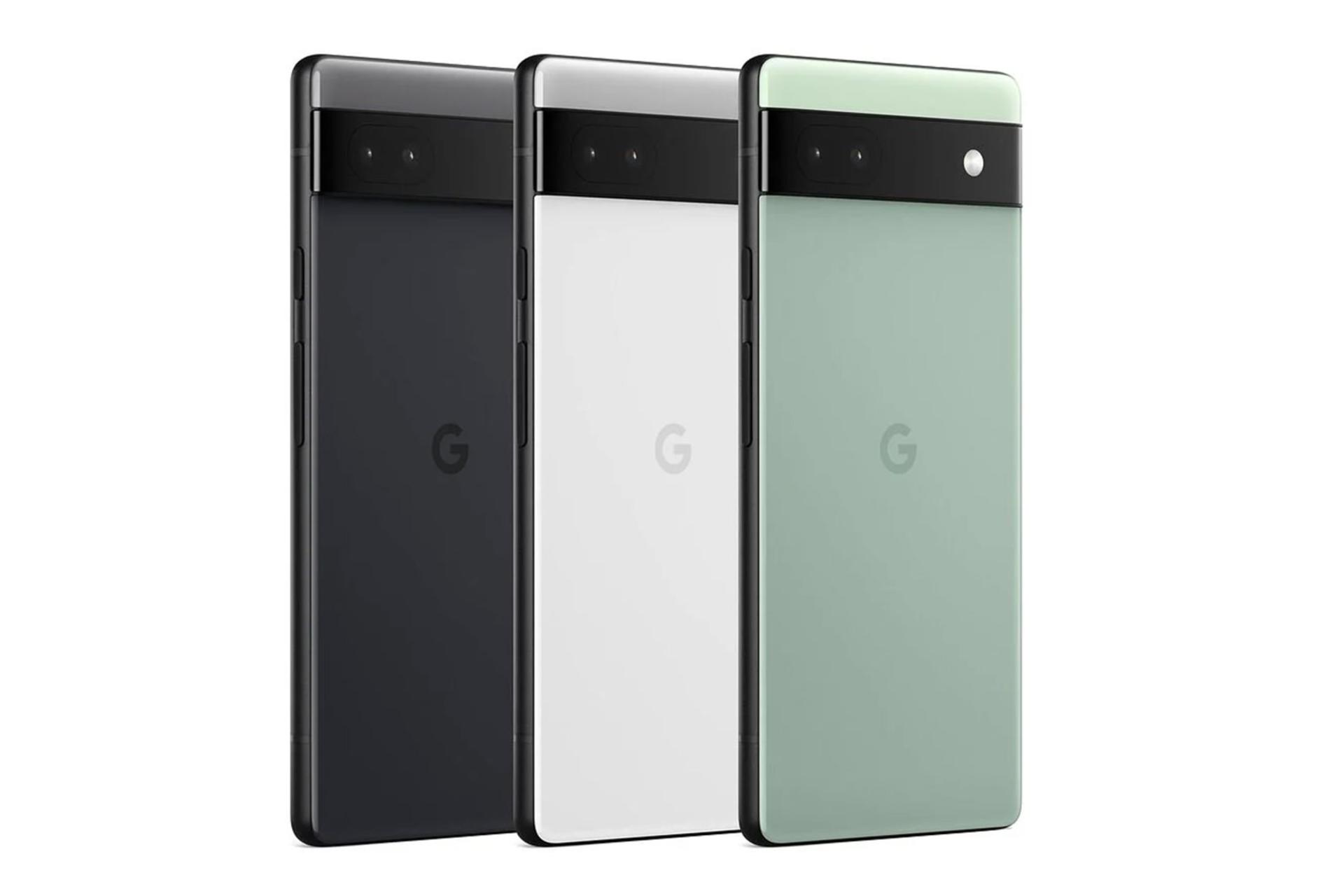 گوگل پیسکل 6a در رنگ‌ های مختلف مشکی سفید و سبز