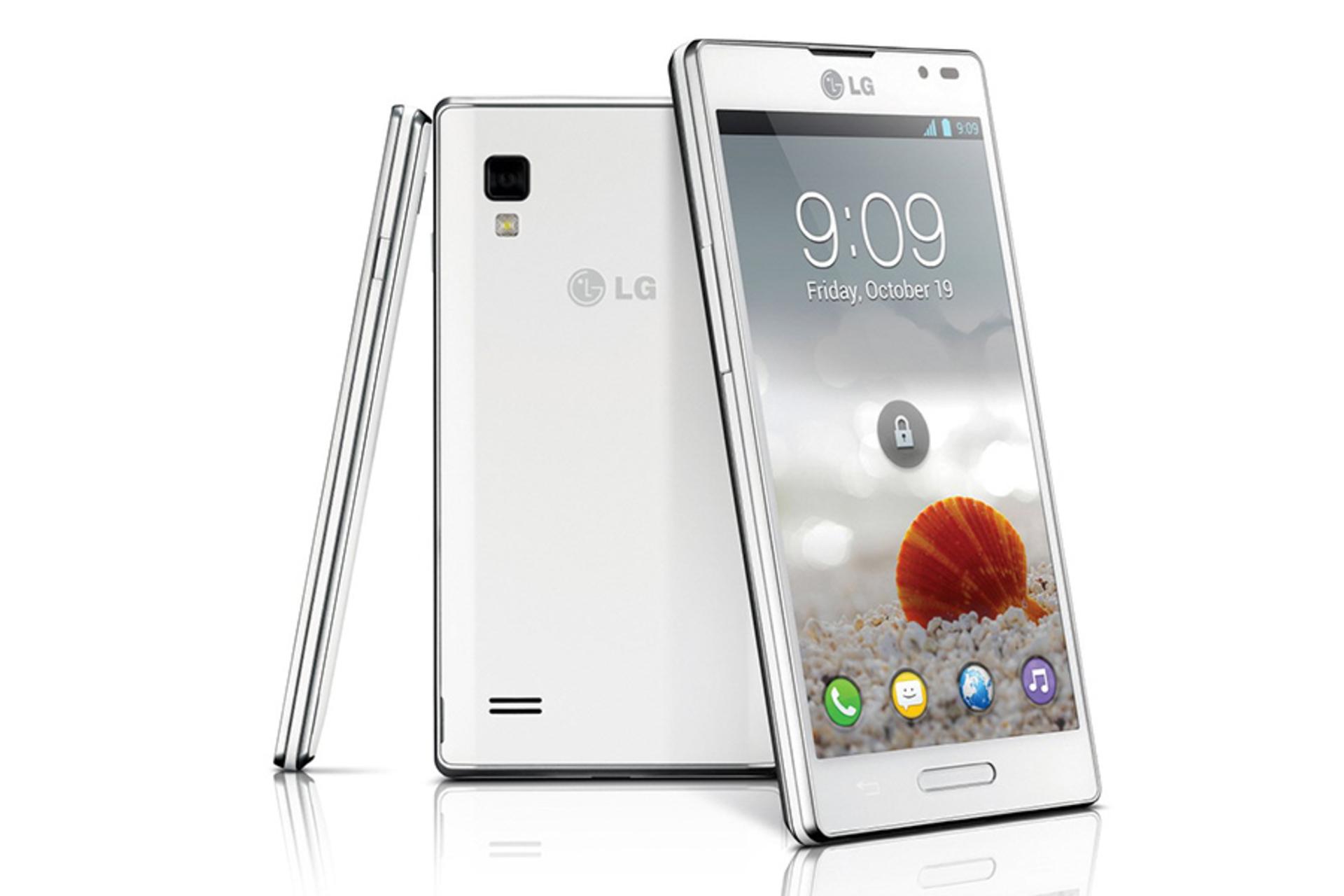 نمای پشت و جلو و کنار گوشی ال جی اپتیموس L9 P760 رنگ سفید