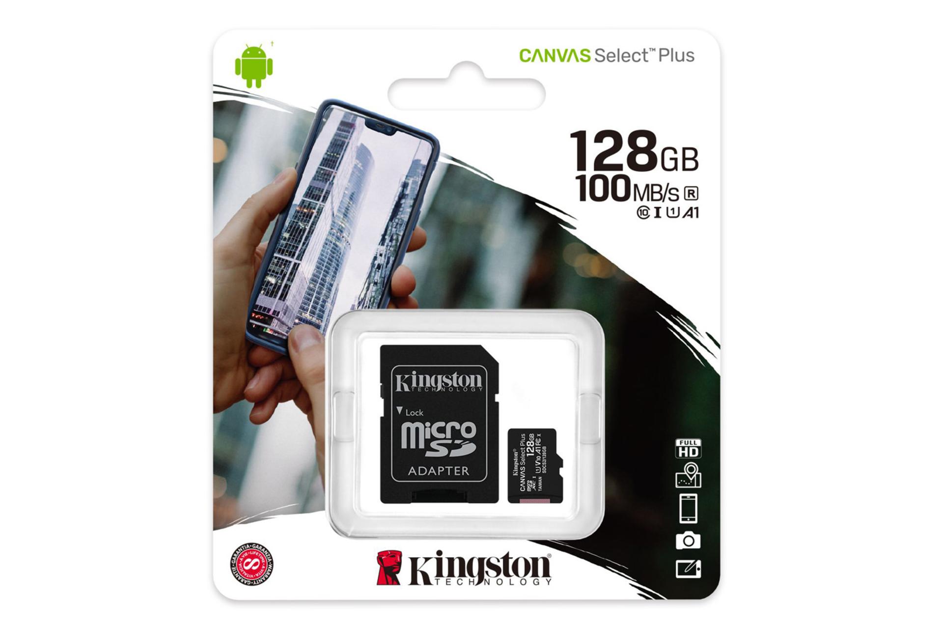 جعبه کارت حافظه کینگستون microSDXC با ظرفیت 128 گیگابایت مدل Canvas Select Plus کلاس 10