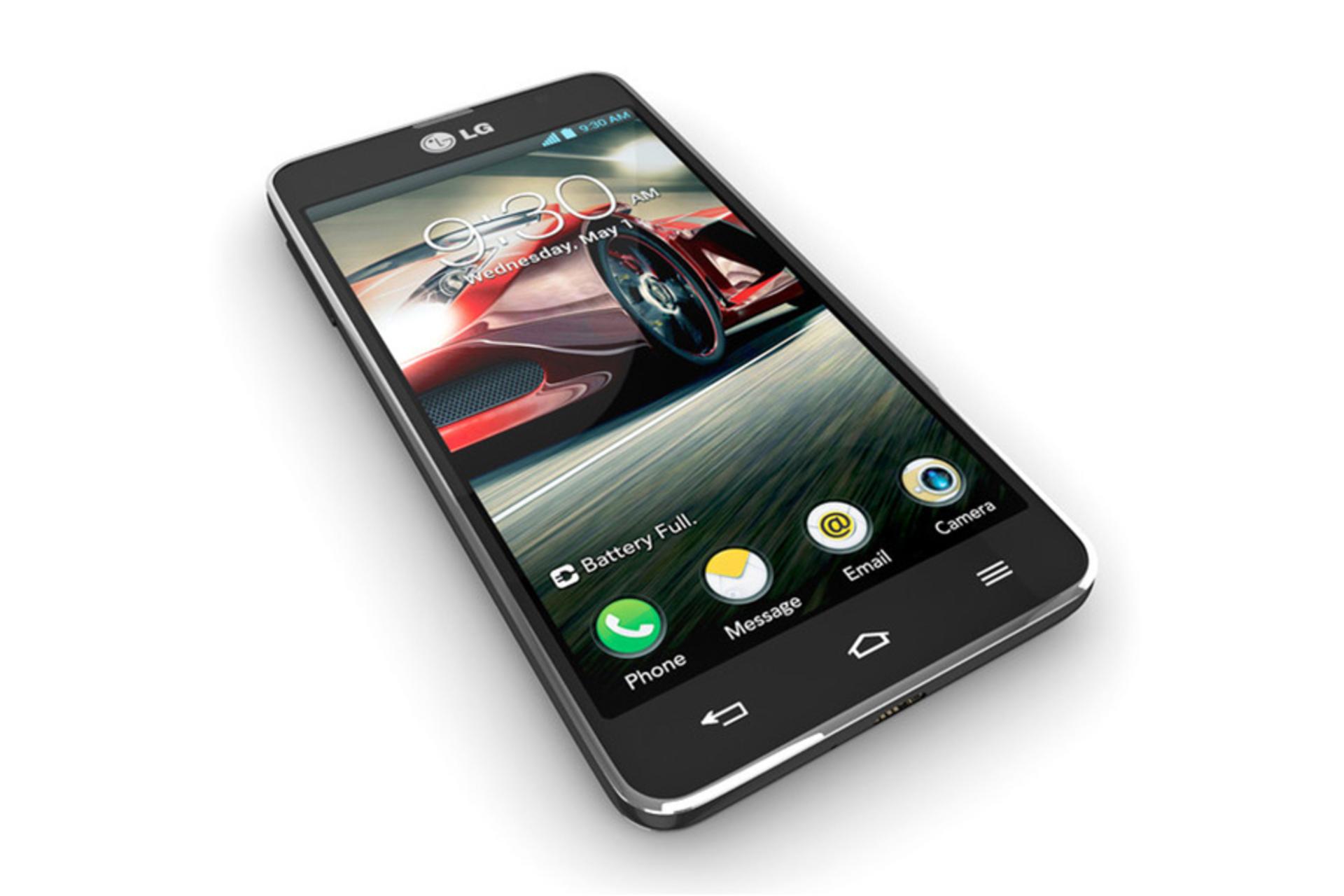 گوشی ال جی اپتیموس F5 از نمای جلو در حالت قرار گرفته روی سطح