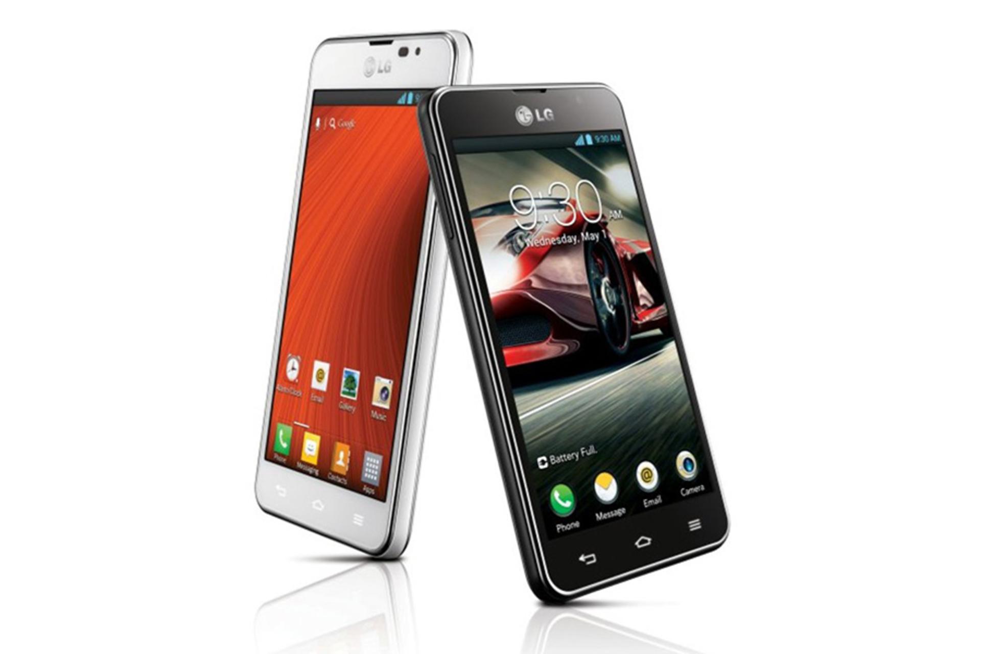 نمای نیمرخ گوشی ال جی اپتیموس F5 از نمای جلو در دو رنگ سفید و مشکی