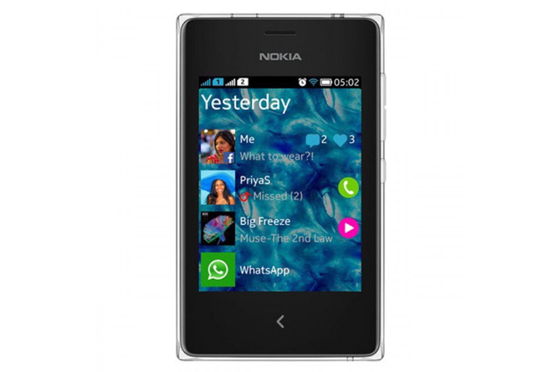 نمای روبرو موبایل نوکیا آشا 502 دو سیم‌کارته