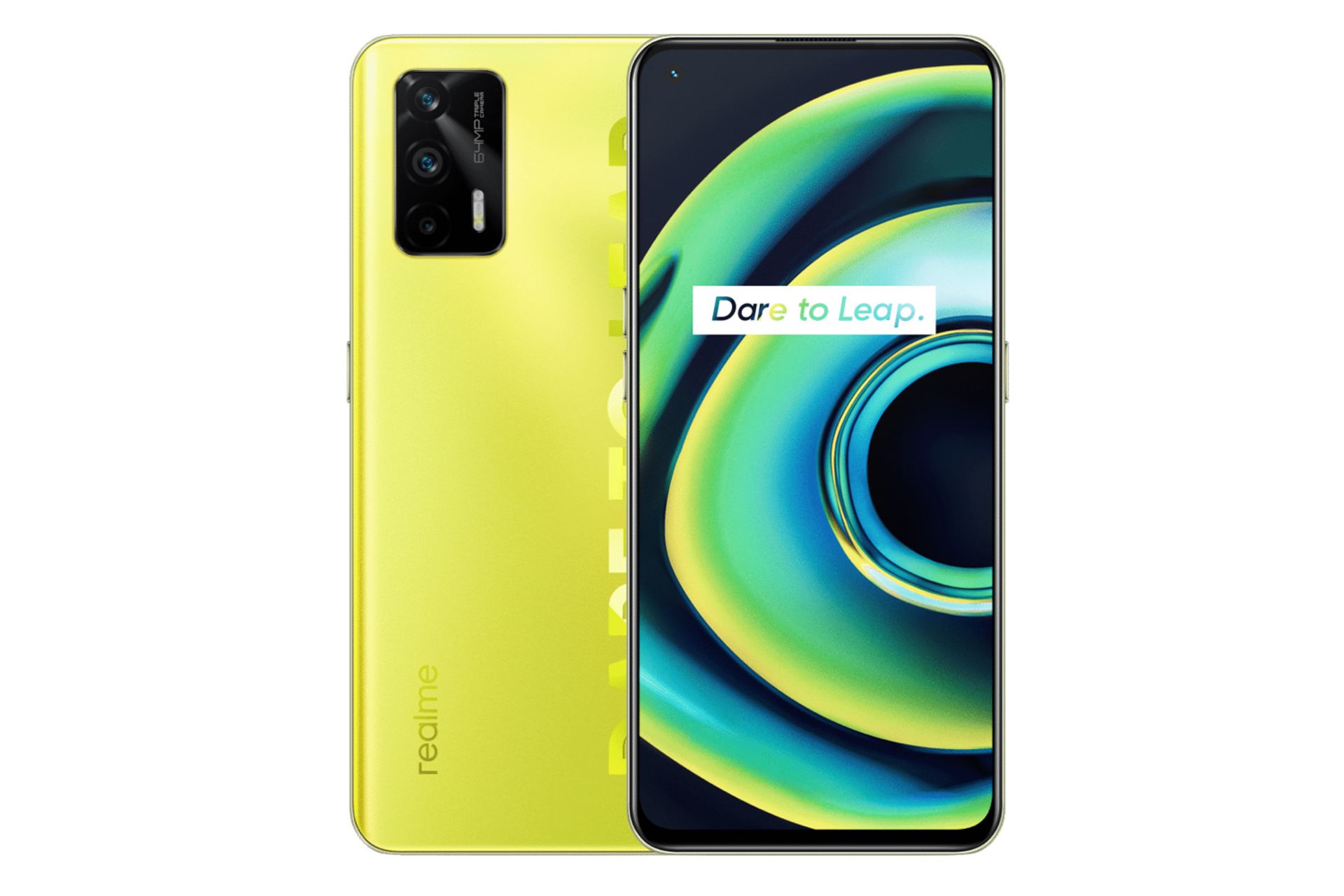 نمای جلو و پشت موبایل کیو 3 پرو ریلمی رنگ زرد