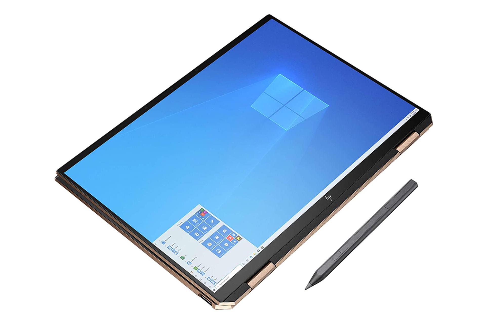 لپ تاپ اچ پی اسپکتر X360 Convertible 14t-ea000 در حالت تبلت در کنار قلم لمسی