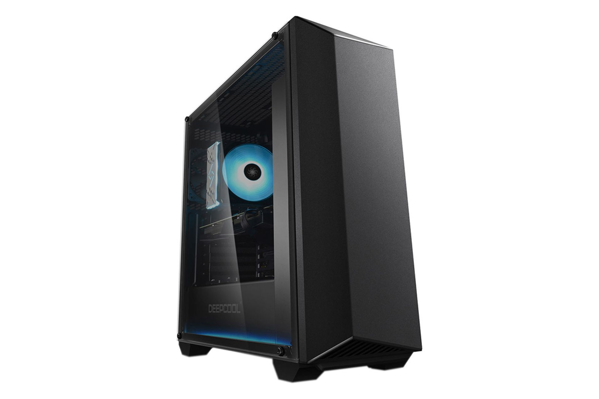 نمای نیم رخ جلو و داخل سمت چپ به همراه نمایش فن LED کیس کامپیوتر دیپ کول EARLKASE RGB V2