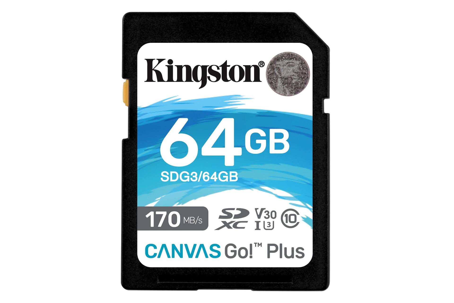 نمای روبرو کارت حافظه کینگستون microSDXC با ظرفیت 64 گیگابایت مدل Canvas Go! Plus V30 کلاس 10