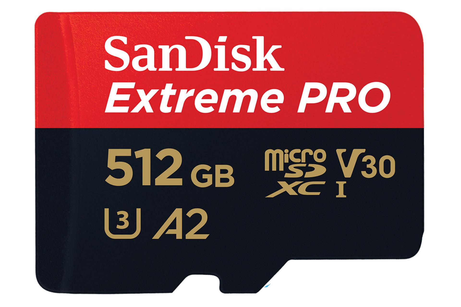 نمای روبرو کارت حافظه سن دیسک microSDXC با ظرفیت 512 گیگابایت مدل Extreme Pro V30 A2 کلاس 10