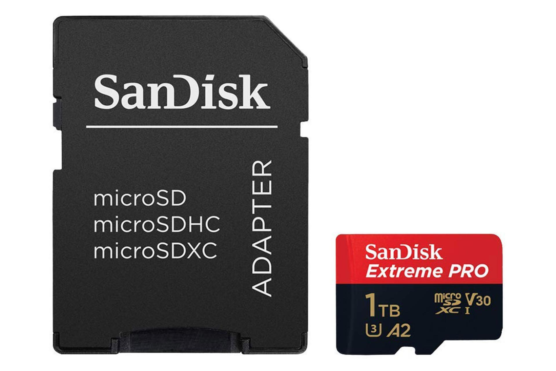 کارت حافظه سن دیسک microSDXC با ظرفیت 1 ترابایت مدل Extreme Pro V30 A2 کلاس 10 همراه آداپتور