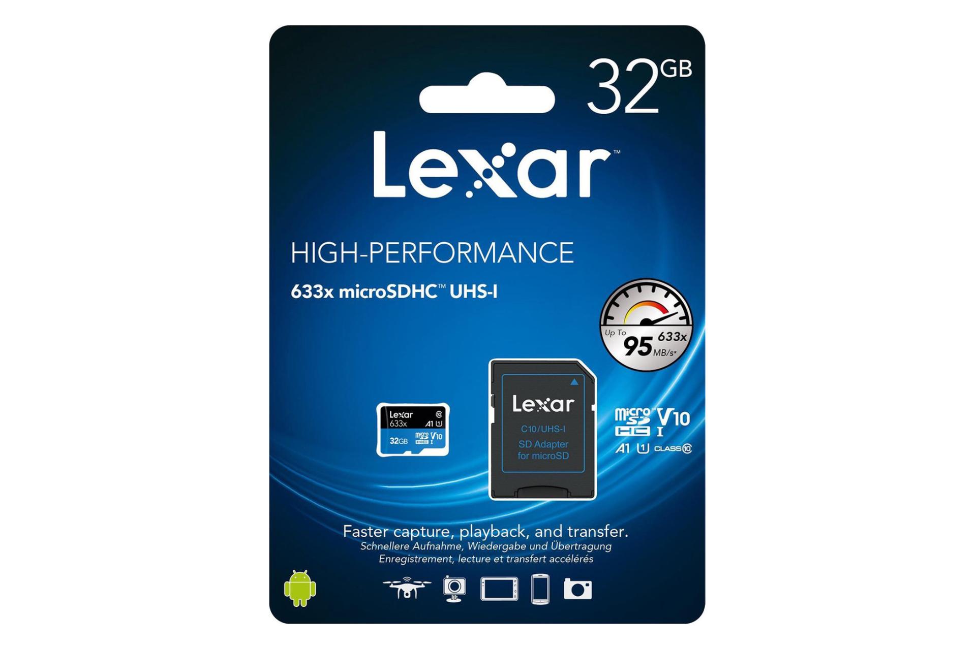جعبه کارت حافظه لکسار microSDHC با ظرفیت 32 گیگابایت مدل High Performance 633x A1 کلاس 10