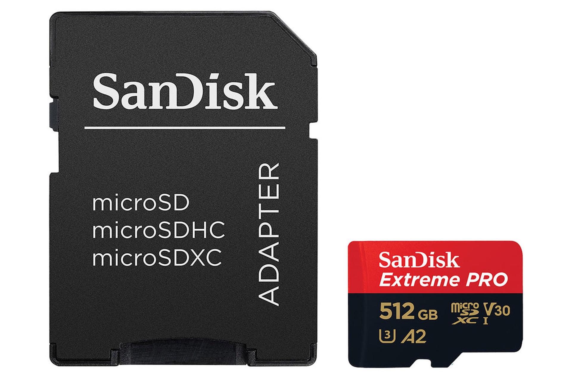 کارت حافظه سن دیسک microSDXC با ظرفیت 512 گیگابایت مدل Extreme Pro V30 A2 کلاس 10 همراه آداپتور
