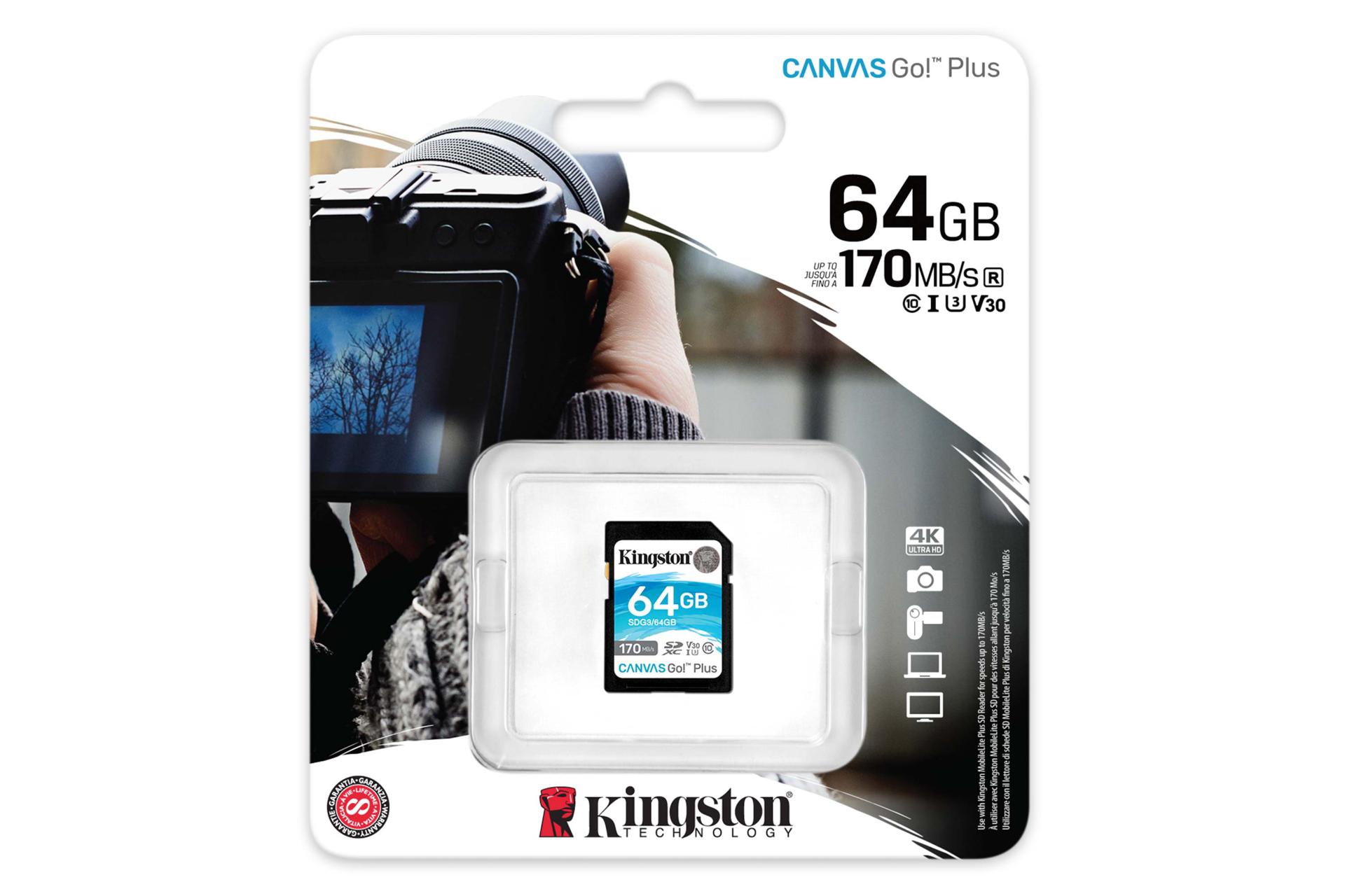 جعبه کارت حافظه کینگستون microSDXC با ظرفیت 64 گیگابایت مدل Canvas Go! Plus V30 کلاس 10
